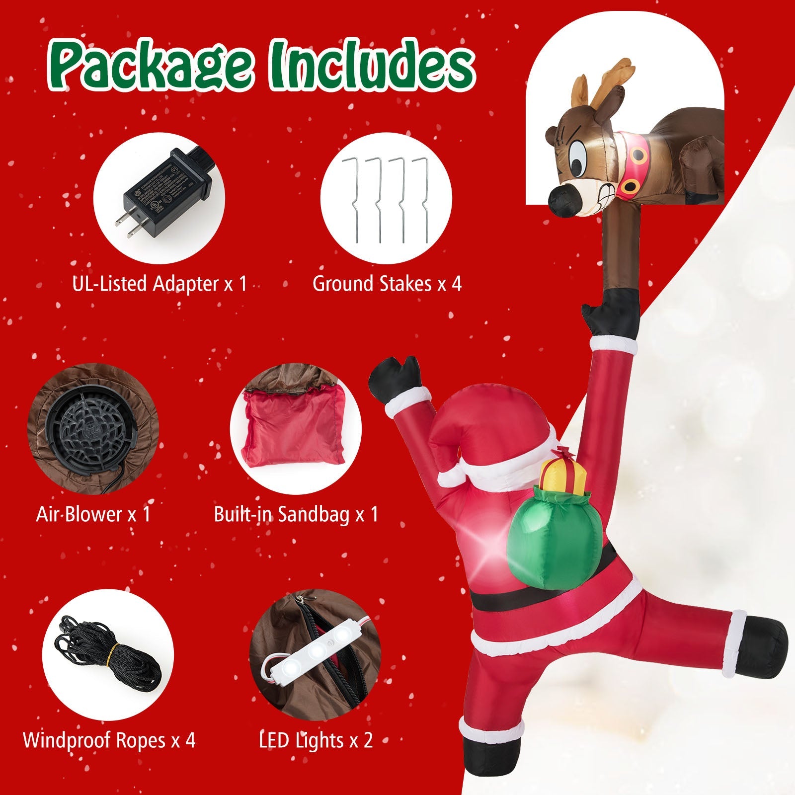 8.5 Feet Christmas Inflatable Reindeer and Climbing Santa Claus with Built-in LED Lights