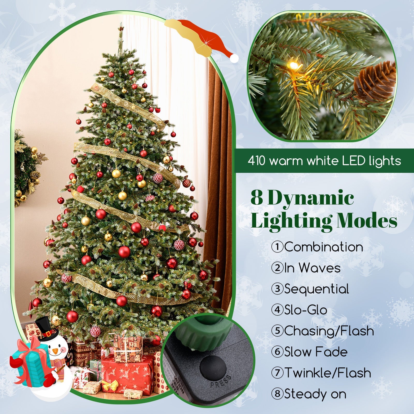 6/7/8 Feet Christmas Tree with Warm White LED Lights and Pine Cones