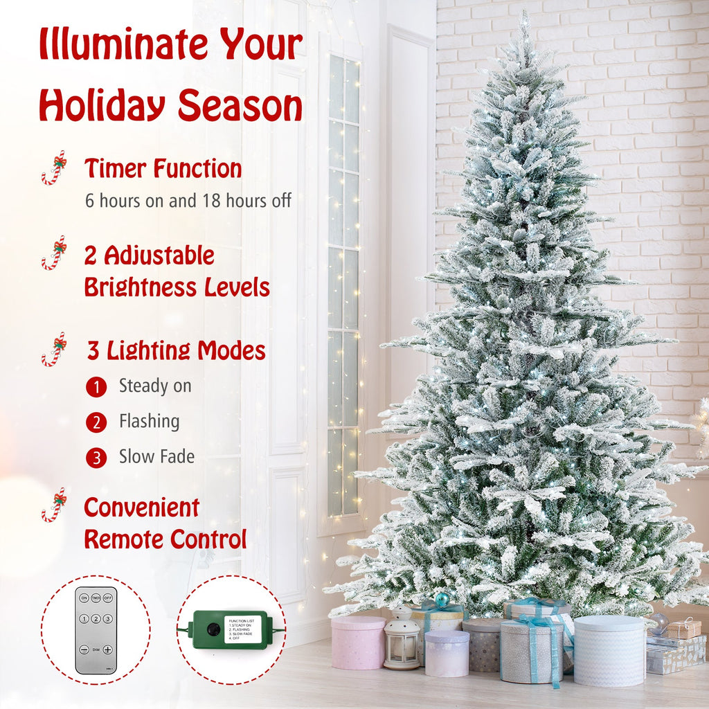 8 Feet Snow Flocked Artificial Christmas Tree with Cool White LED Lights