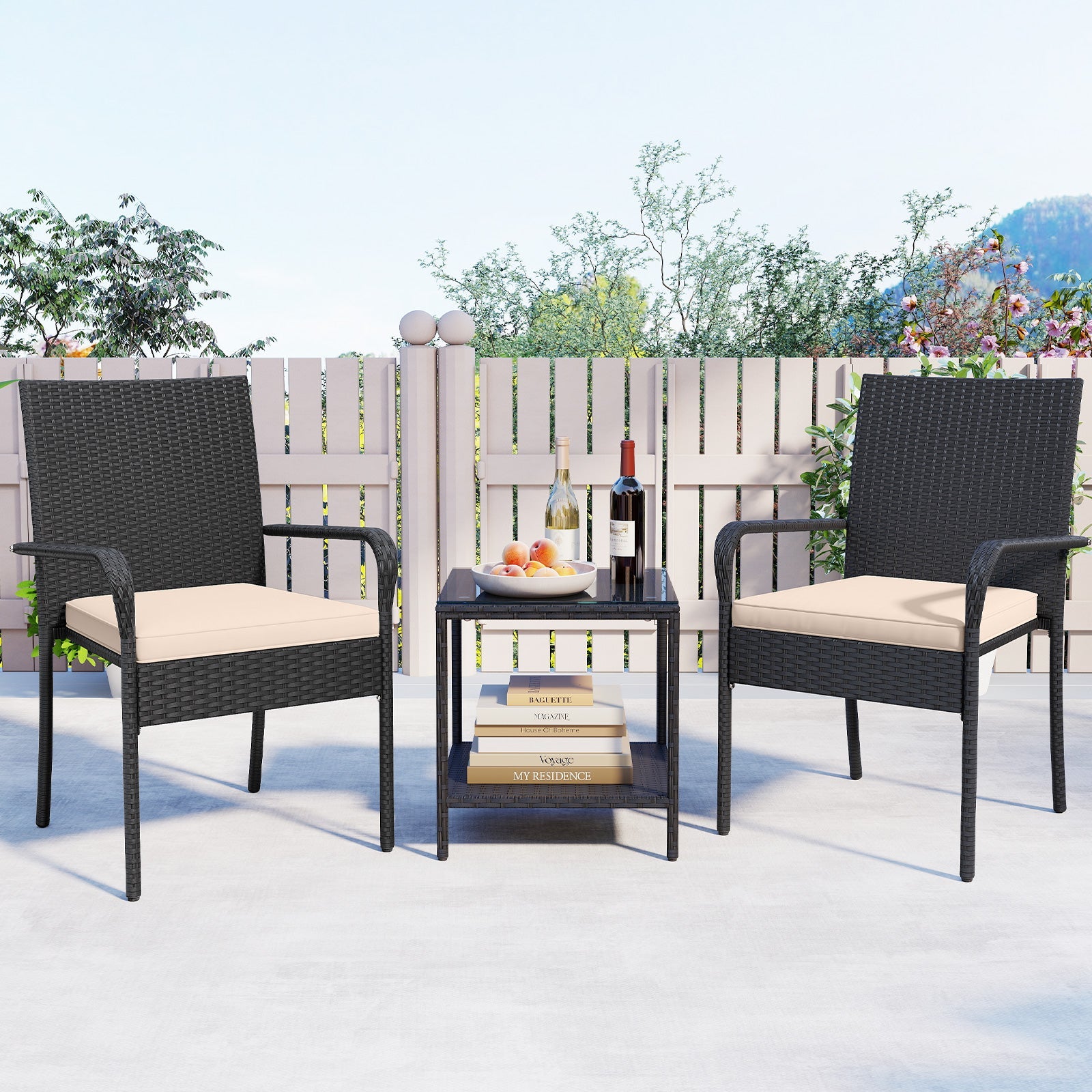 3 Piece Patio Furniture Set with Seat Cushions and Tempered Glass Tabletop