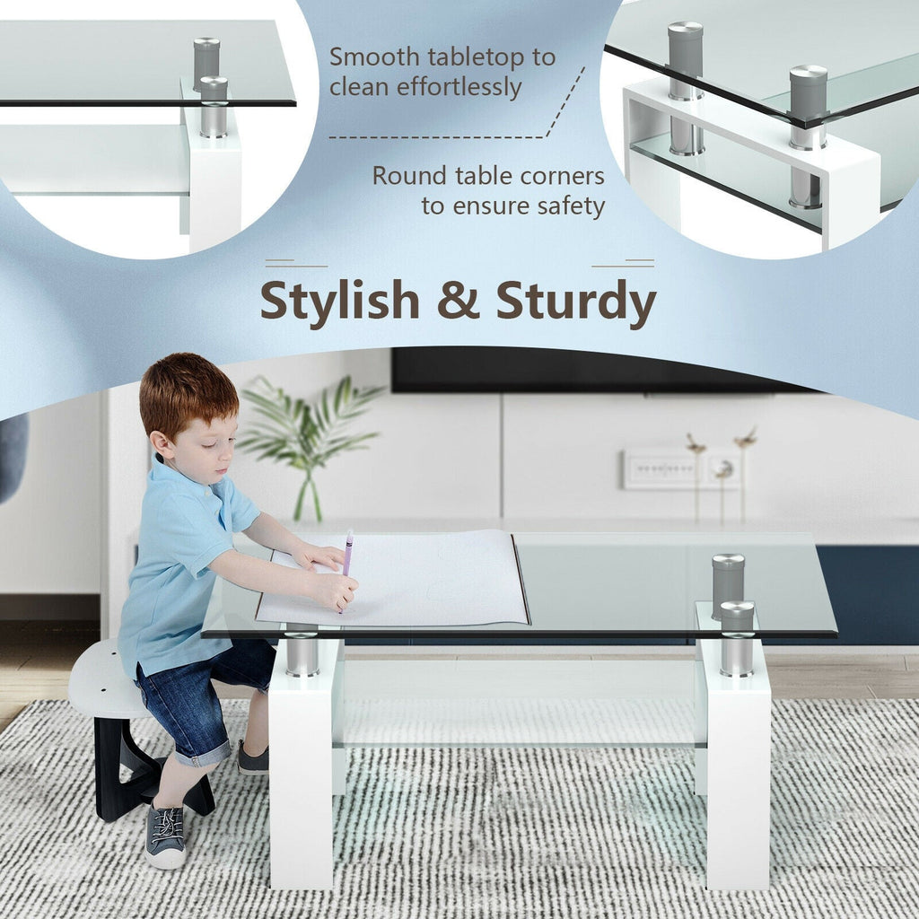 Rectangle Glass Coffee Table with Metal Legs for Living Room