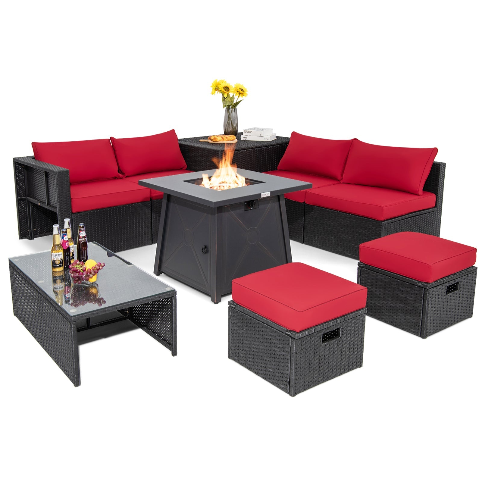 9 Piece Weatherproof Rattan Patio Conversation Set with 30 Inches Propane Fire Pit Table and Dust Covers