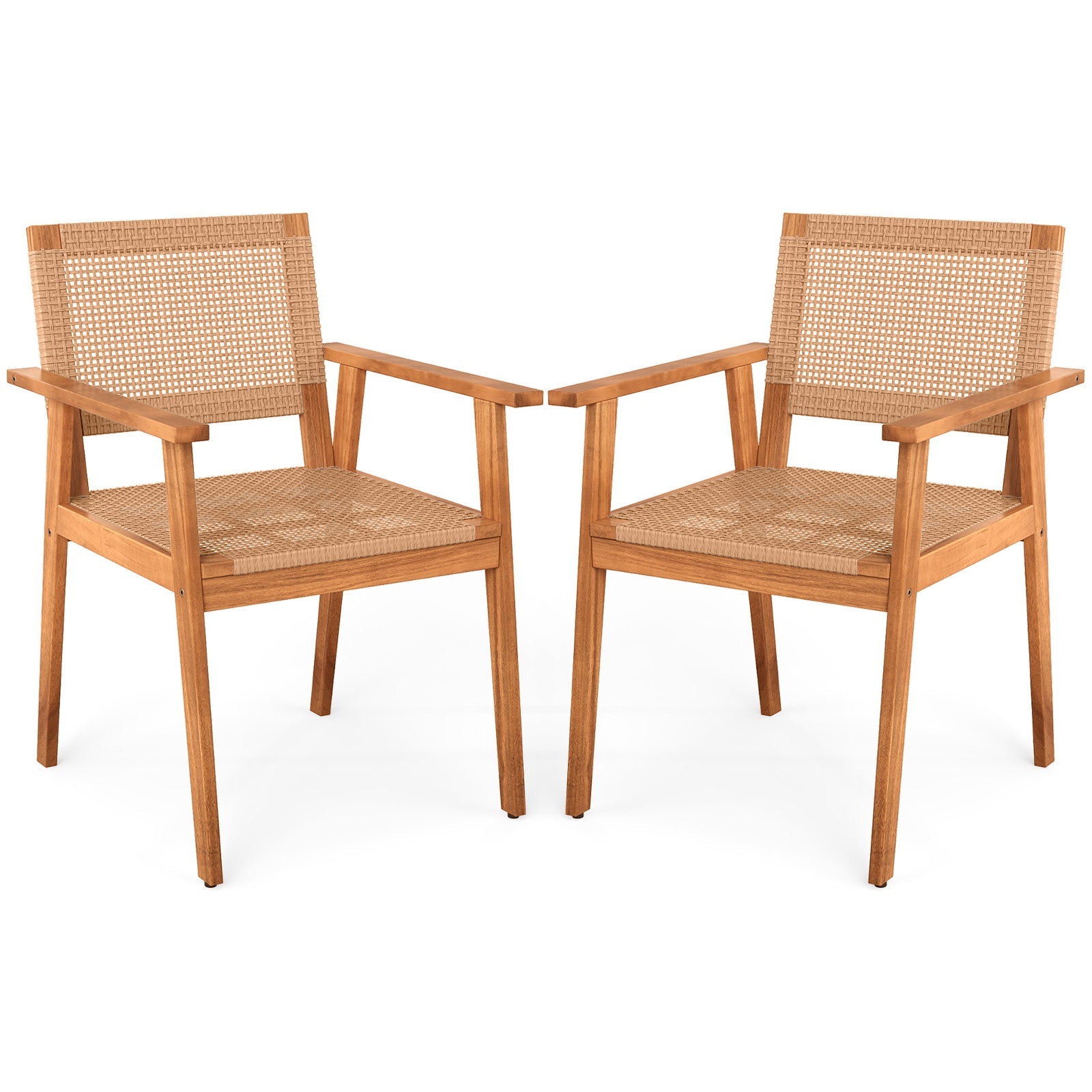 Acacia Wood Outdoor Dining Chairs Set of 2 PE Rattan Patio Chairs with Backrests and Armrests