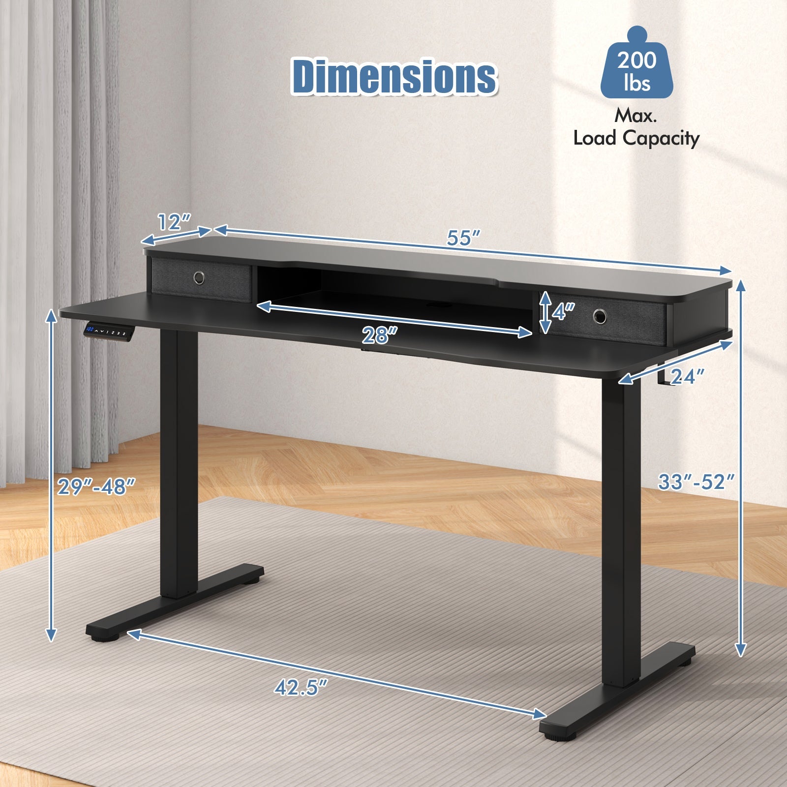 55 Inch x 24 Inch Height Adjustable Electric Standing Desk with 2 Drawers