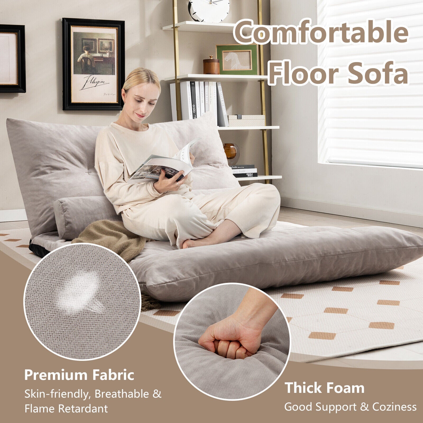 Adjustable Floor Sofa Bed with 2 Lumbar Pillows