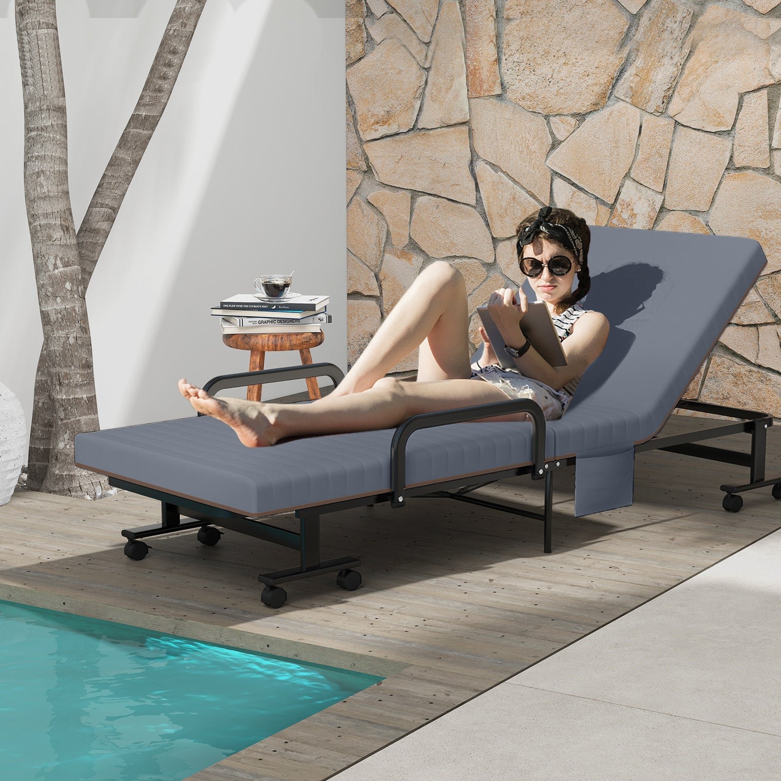 Adjustable Folding Guest Bed Frame with Mattress and Wheels