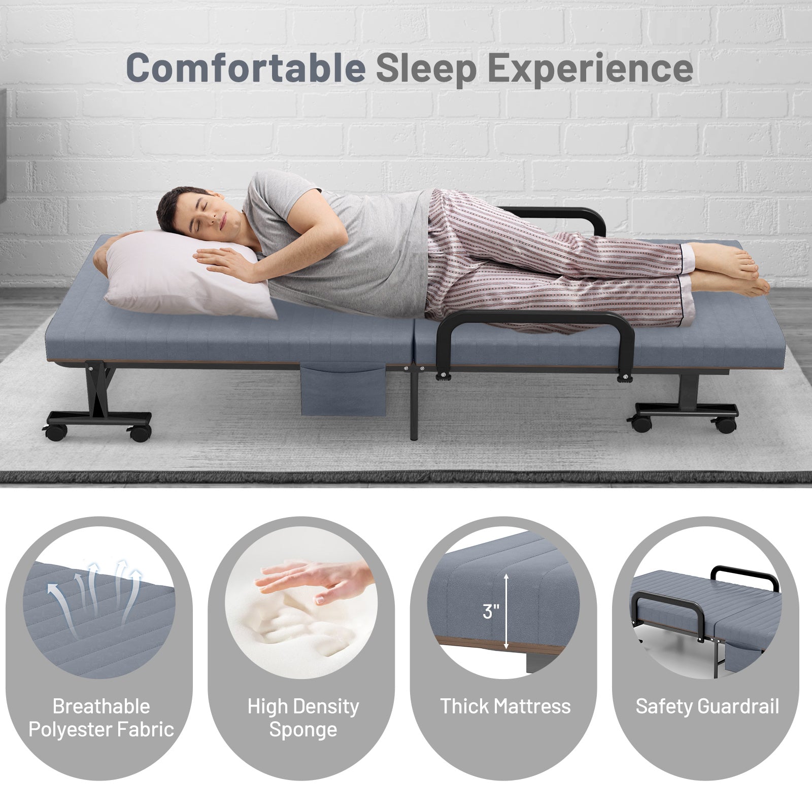 Adjustable Folding Guest Bed Frame with Mattress and Wheels
