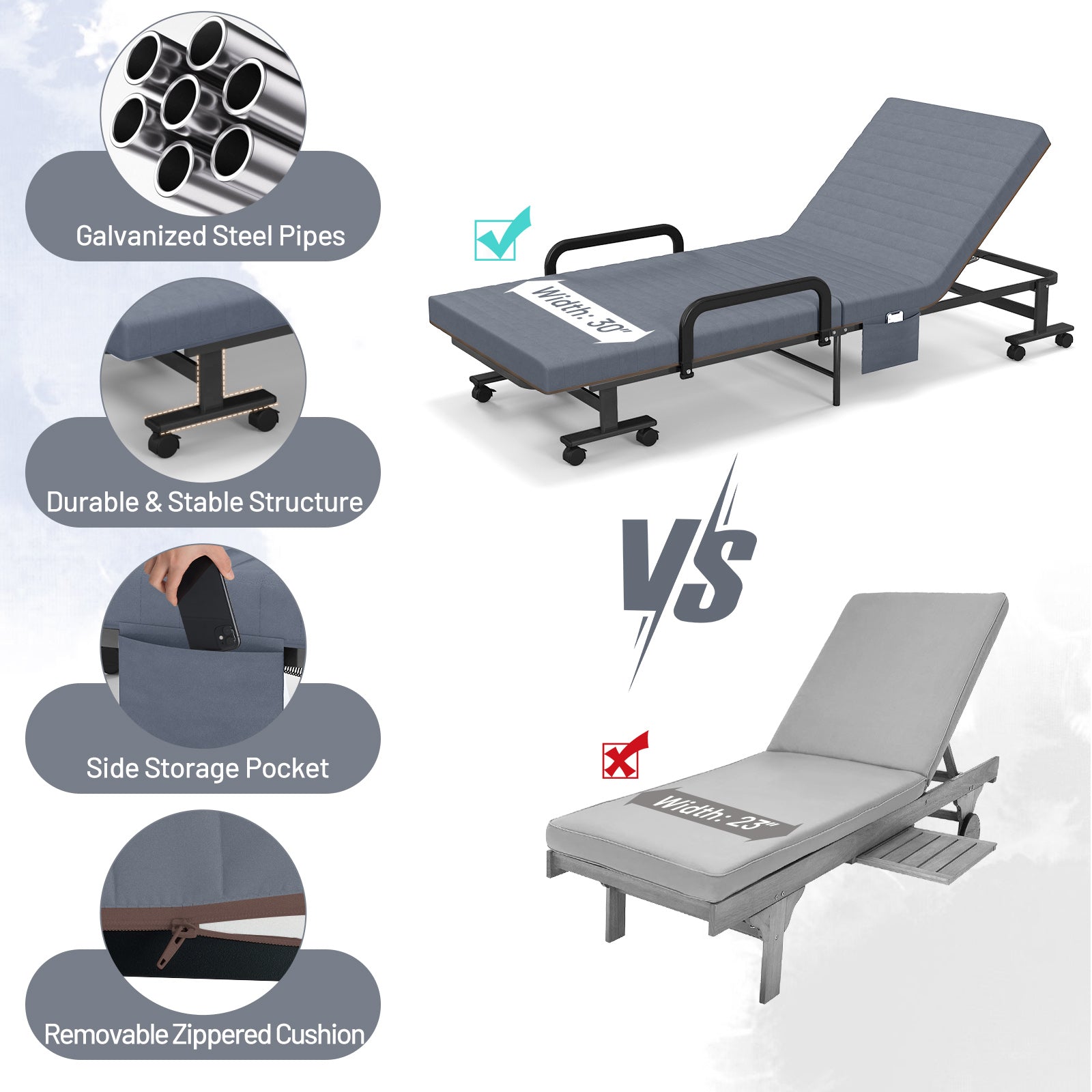 Adjustable Folding Guest Bed Frame with Mattress and Wheels