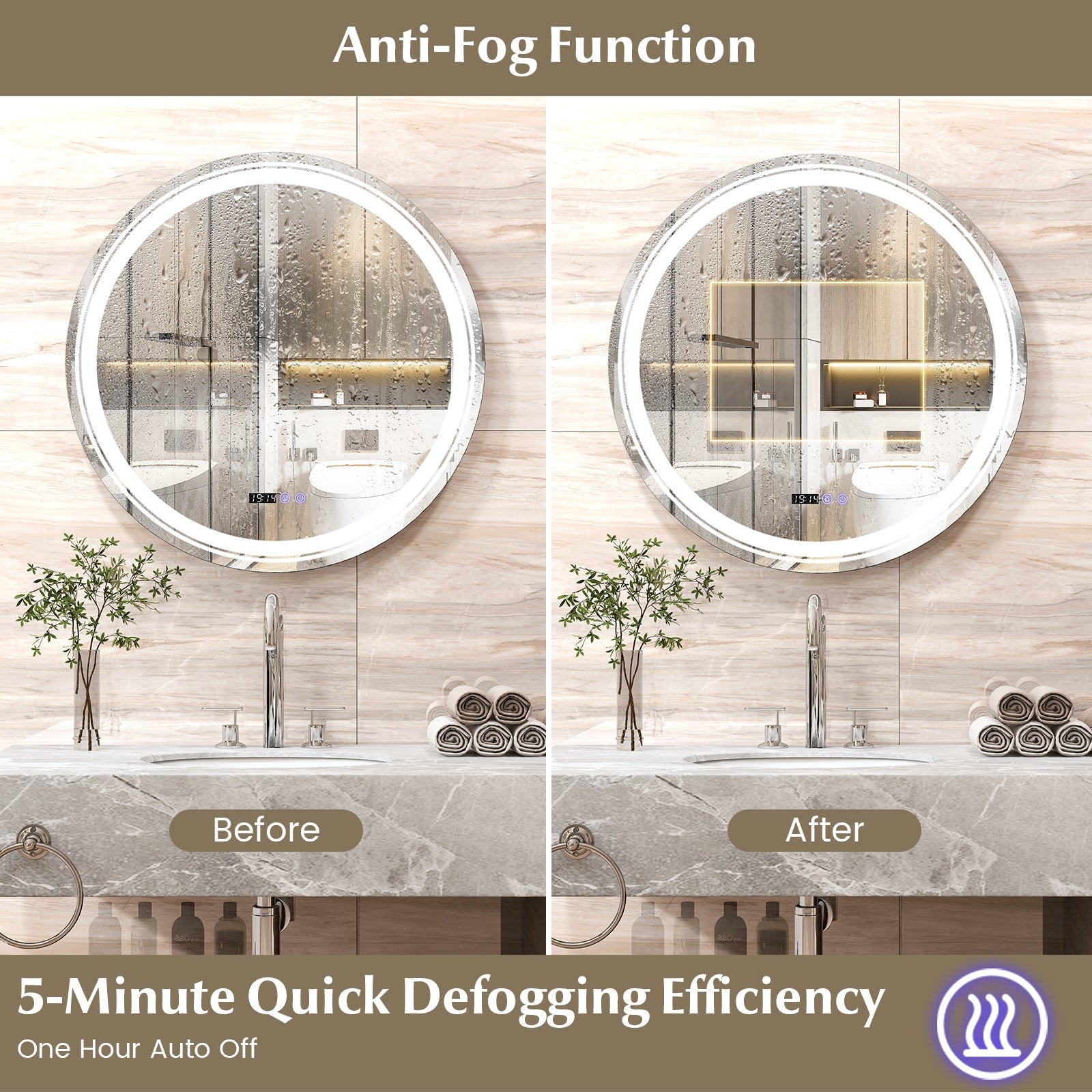 Anti-Fog Round Led Bathroom Mirror with 3 Color LED Lights