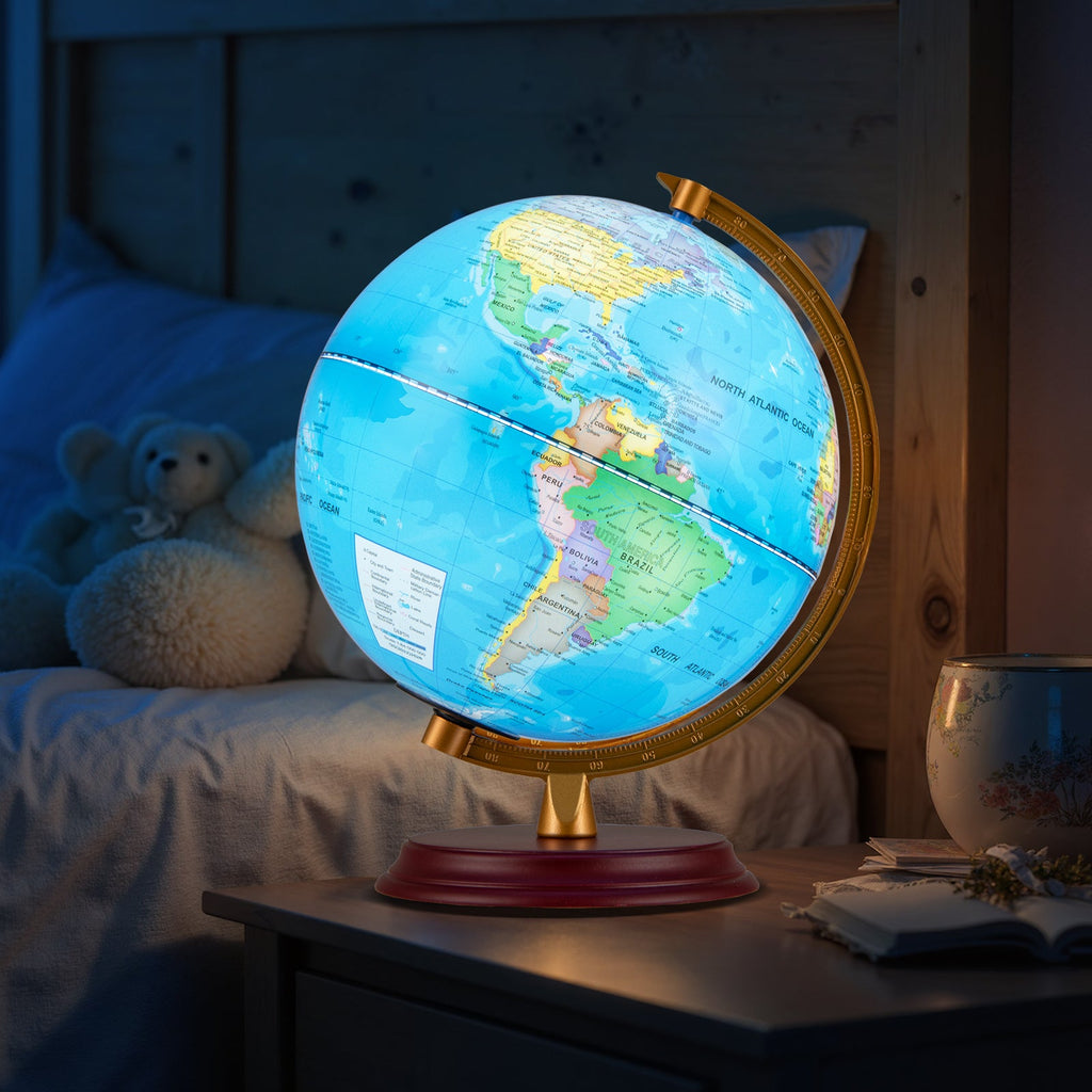 8 Inch Illuminated World Globe Night Light up Globe Lamp with Wooden Stand and HD Map