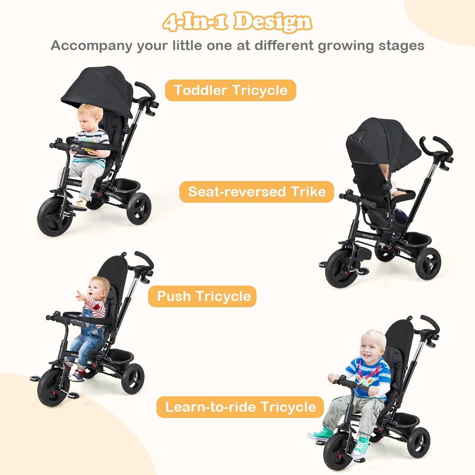 4-in-1 Baby Tricycle Toddler Trike with Reversible Seat and 5-Point Safety Harness