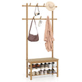 Bamboo Coat Rack PE Rattan Hall Tree with Bench and Shoe Storage 3-In-1 Entryway Bench