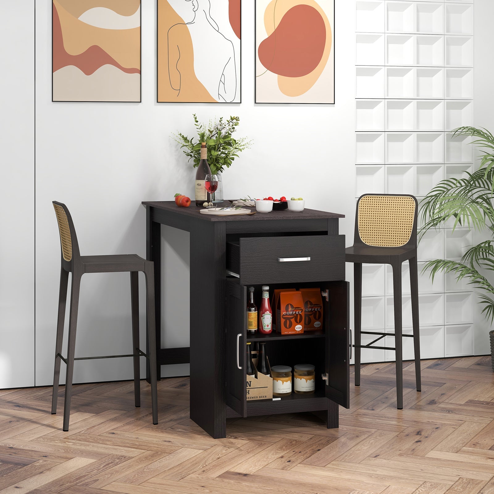 Counter Height Bar Table with Storage Cabinet and Drawer