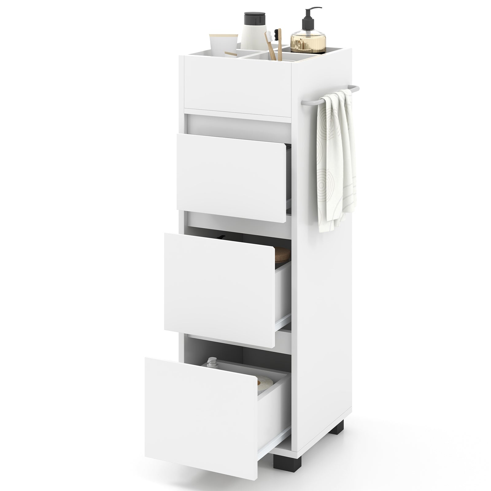 Bathroom Floor Cabinet with 3 Drawers 4 Top Dividers and 1 Towel Rack-White
