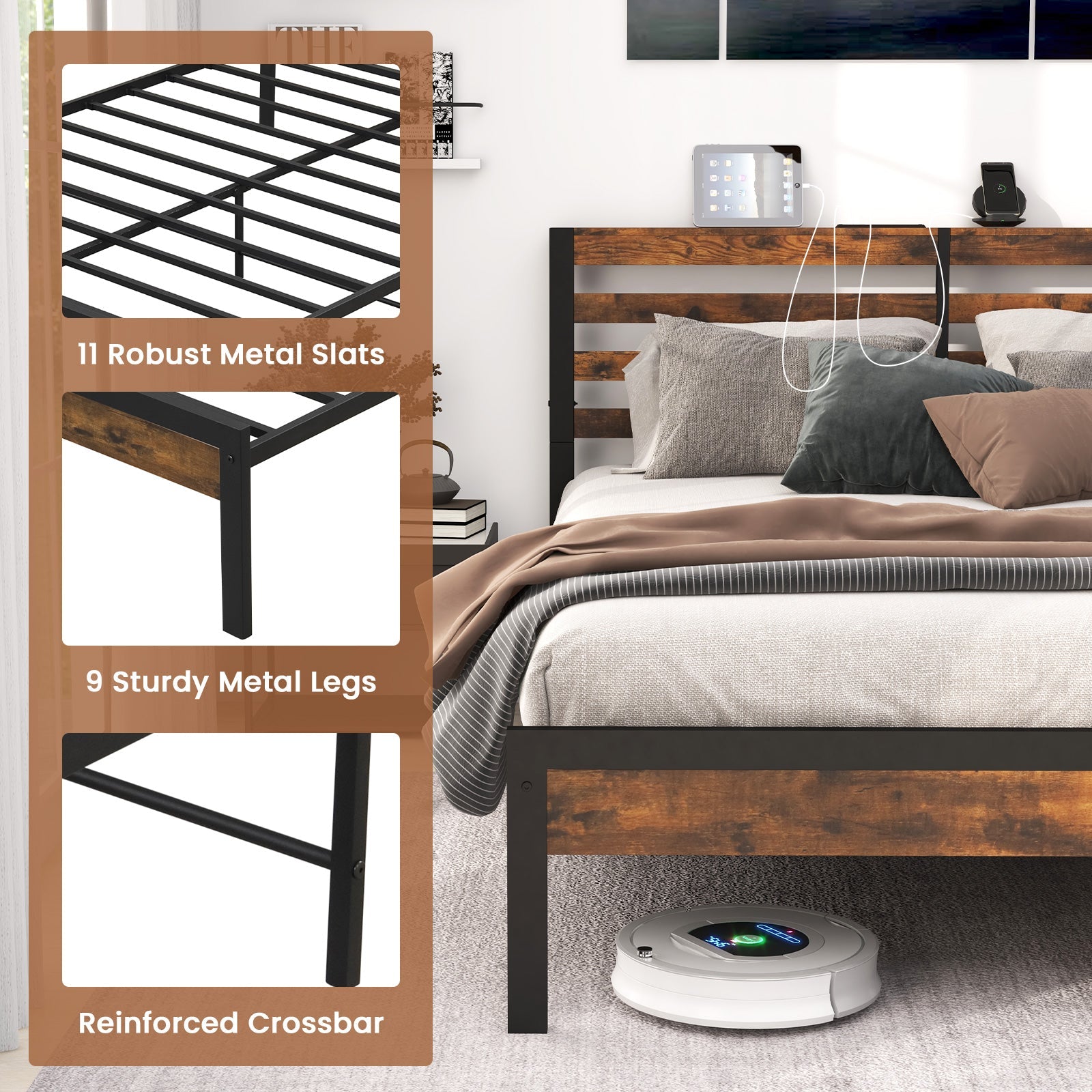 Full/Queen Size Bed Frame with Charging Station and Storage Headboard