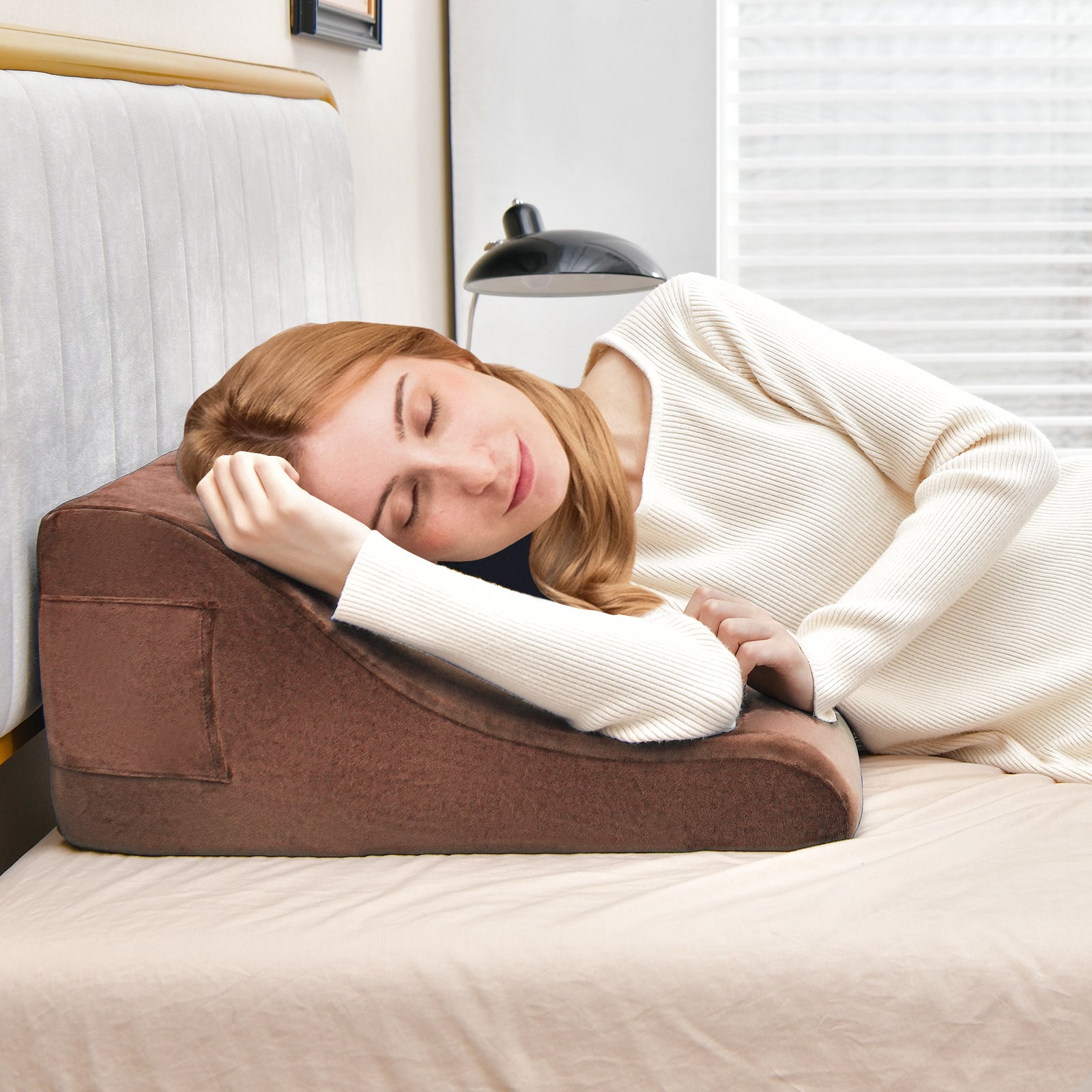 Bed Wedge Pillow with Tablet Pillow Stand and Side Pockets-Brown