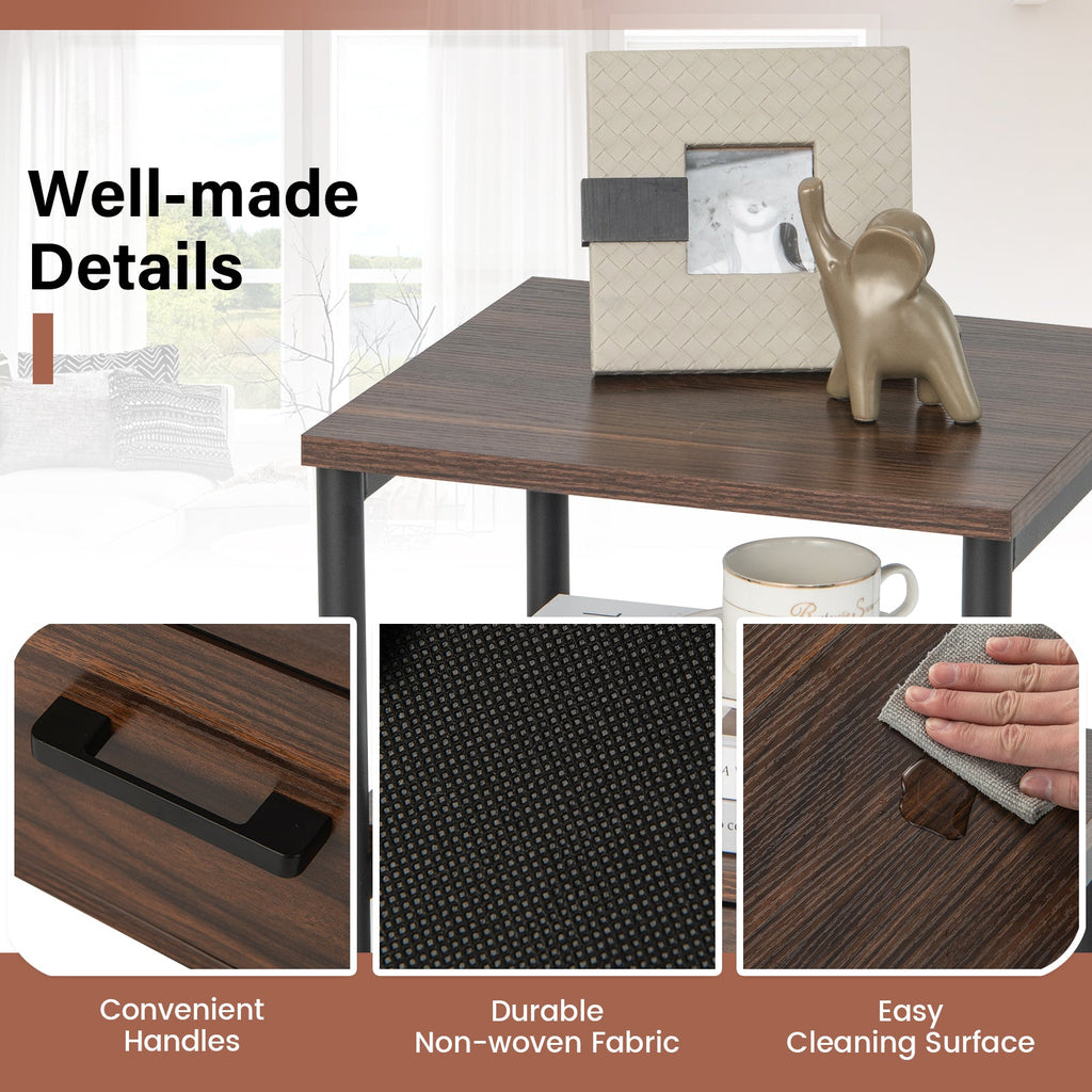 Bedside Table Set of 2 with Removable Fabric Drawers and Metal Frame-Walnut