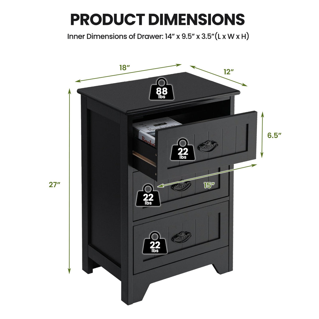 Farmhouse Nightstand with 3 Storage Drawers and Handles