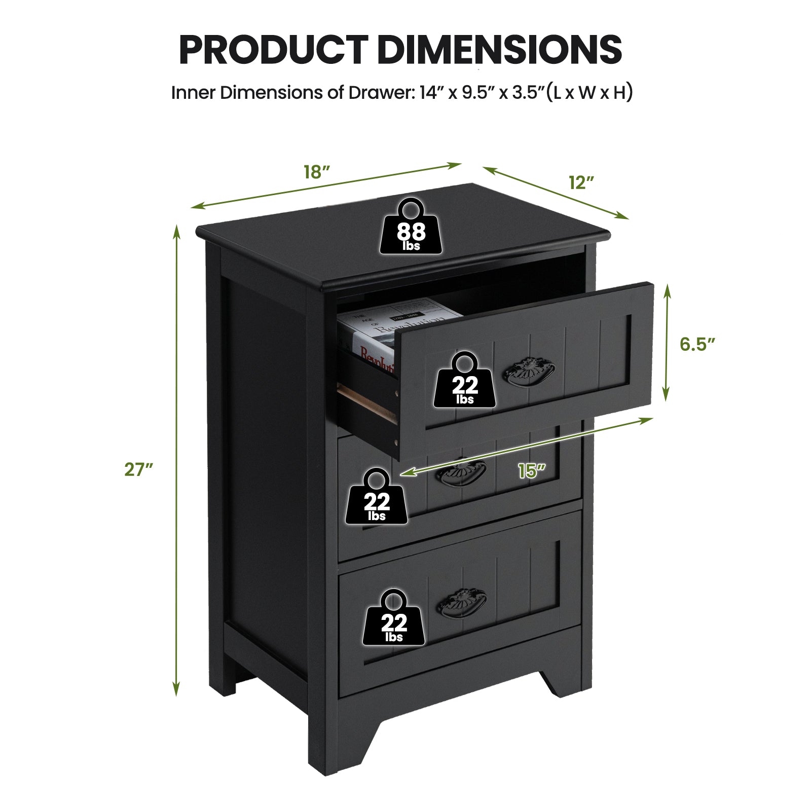 Farmhouse Nightstand with 3 Storage Drawers and Handles