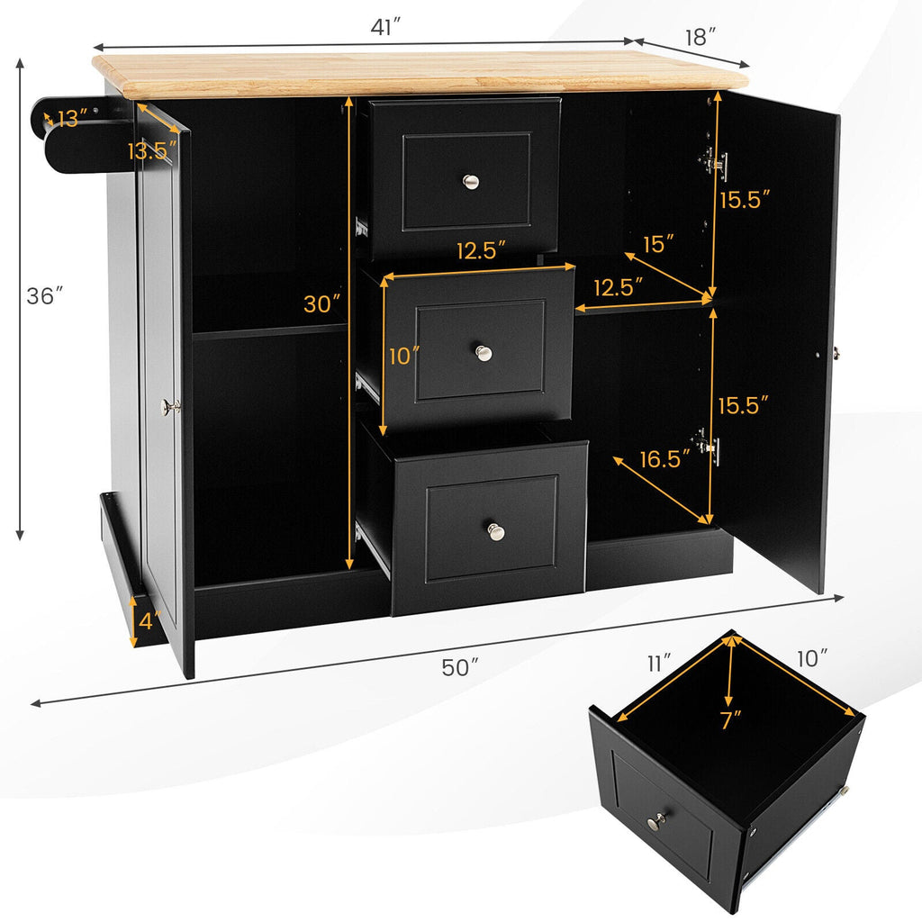 2-Door Large Mobile Kitchen Island Cart with Hidden Wheelsand 3 Drawers