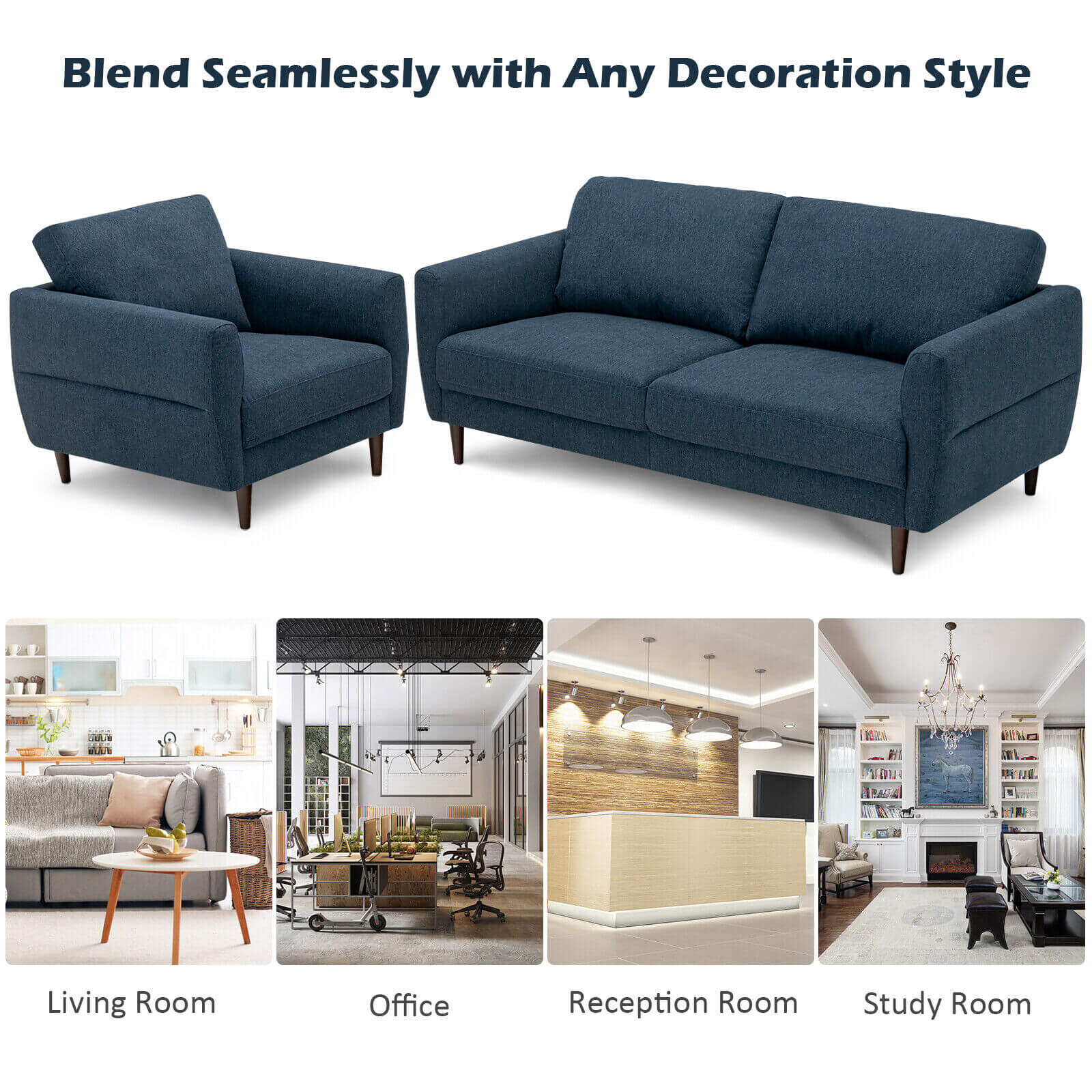 2 Pieces Upholstered Sofa Set with Removable Cushion Covers
