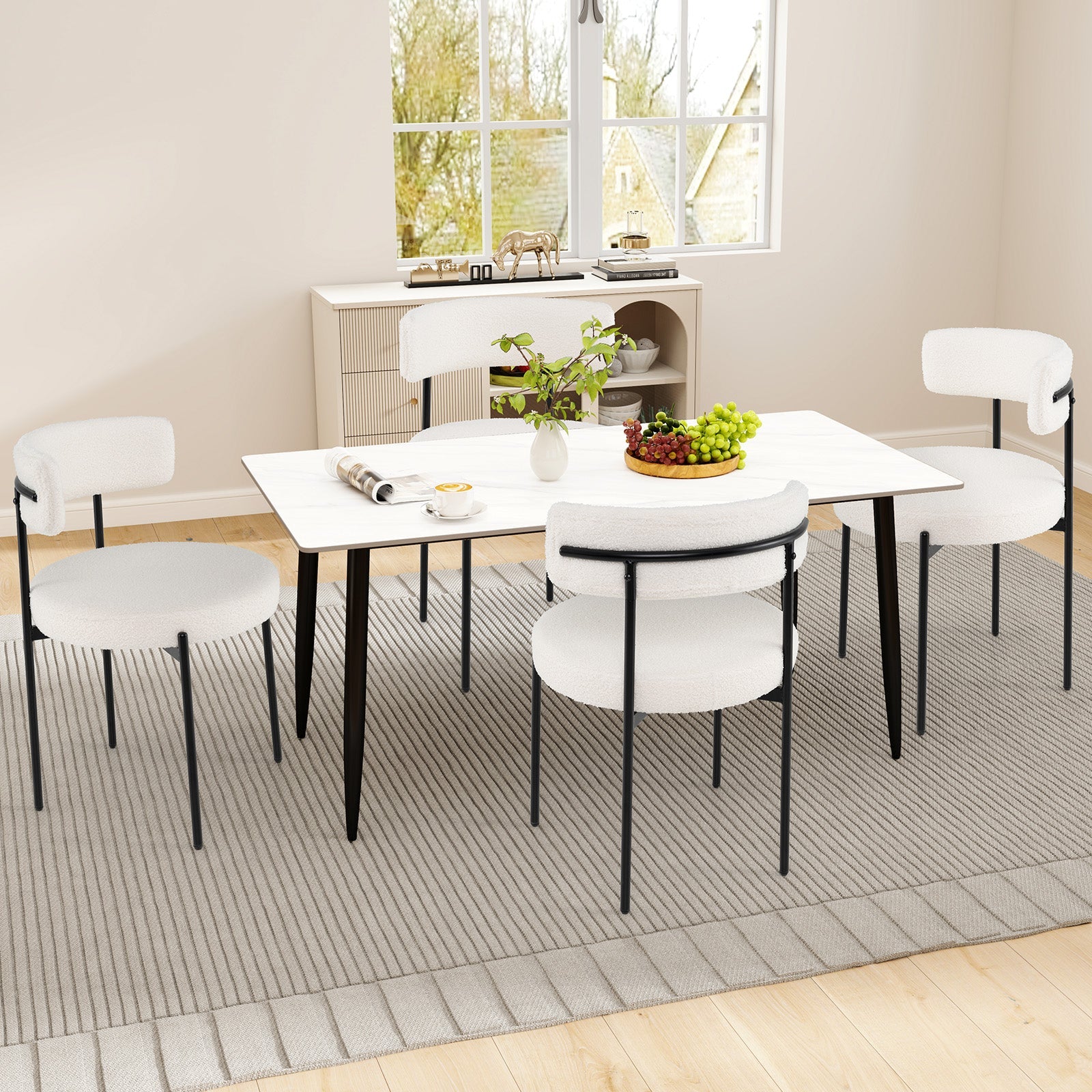 Boucle Dining Chair with Curved Backrest and Metal Legs Set of 2-White