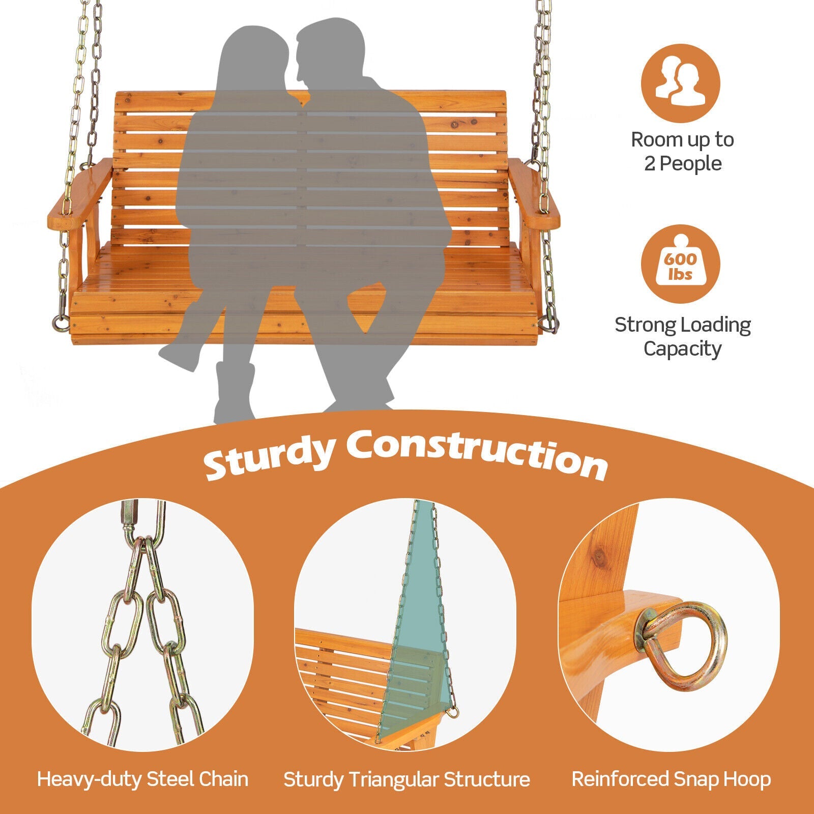 2-Person Wooden Porch Swing with Hanging Chains for Garden Yard