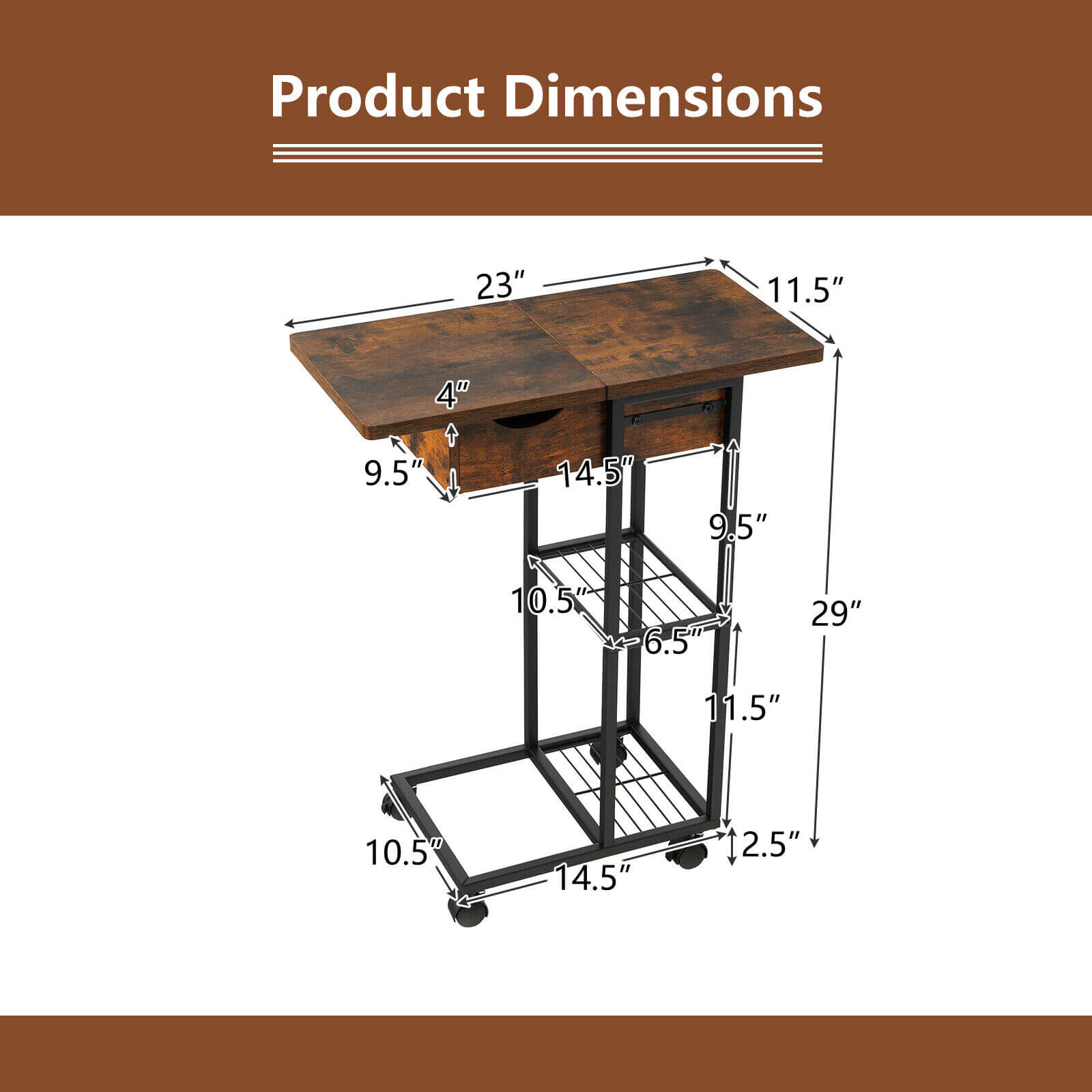 C-Shaped End Side Table with Charging Station and Wheels-Rustic Brown