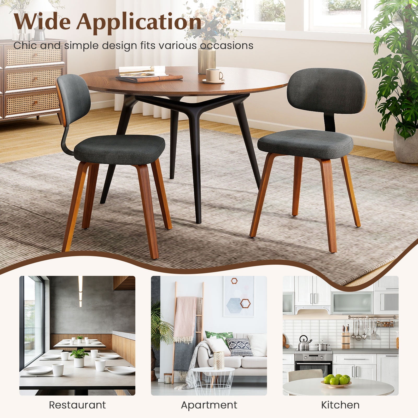 Chenille Fabric Upholstered Wooden Kitchen Chairs Set of 2