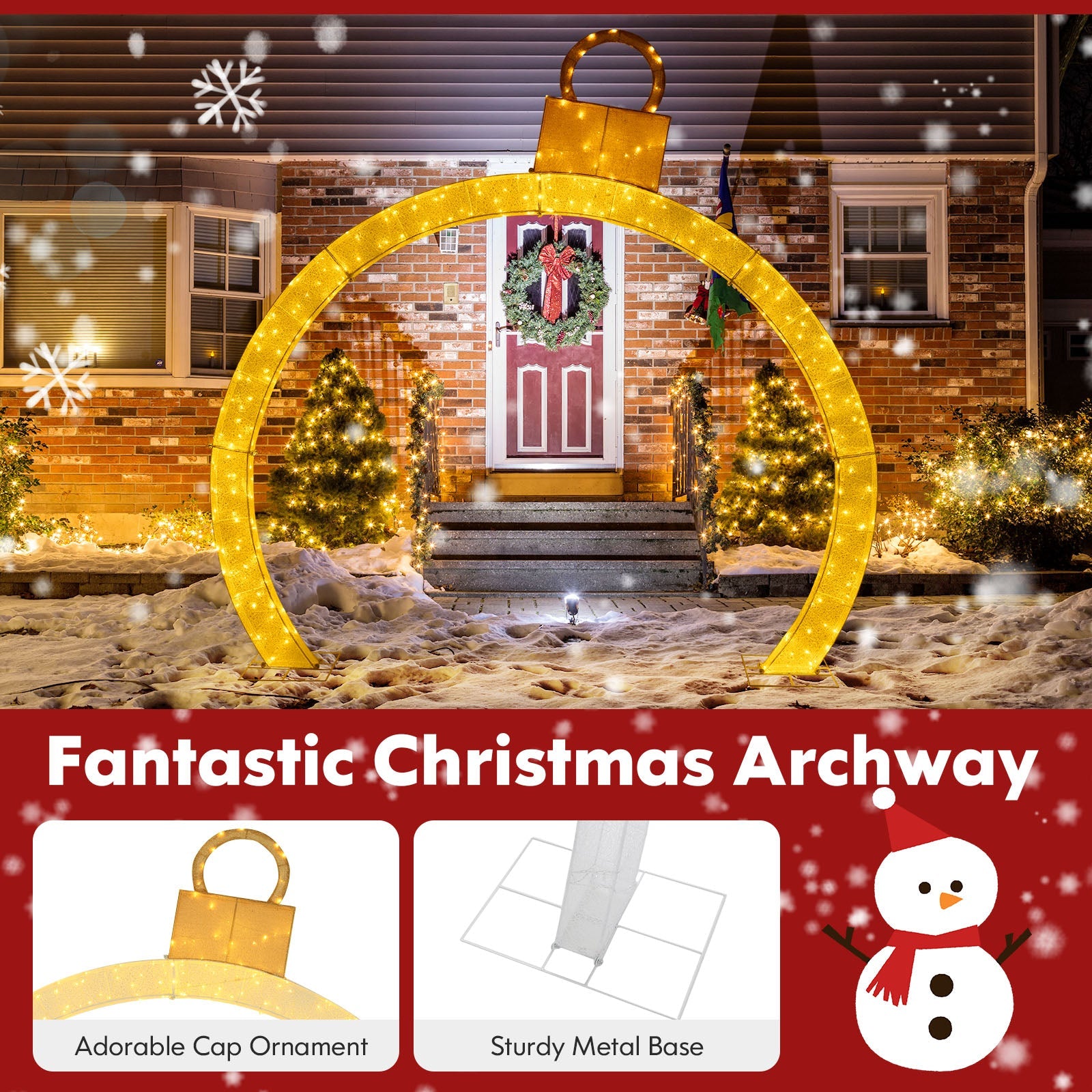 10.5 Feet Christmas Pre-Lit Arch with Gold Ornament Cap and 300 Warm White LED Lights