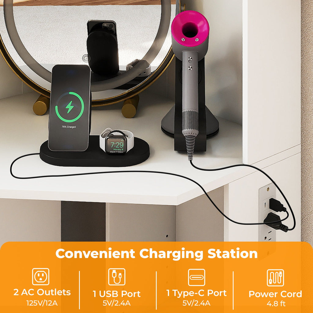 Compact Dressing Corner Vanity Desk with Mirror and Lights-White