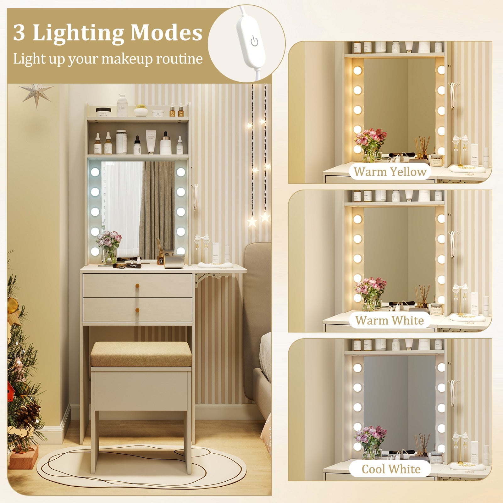 Compact Vanity Desk Set with 3-Color Lighted Mirror and Power Outlets