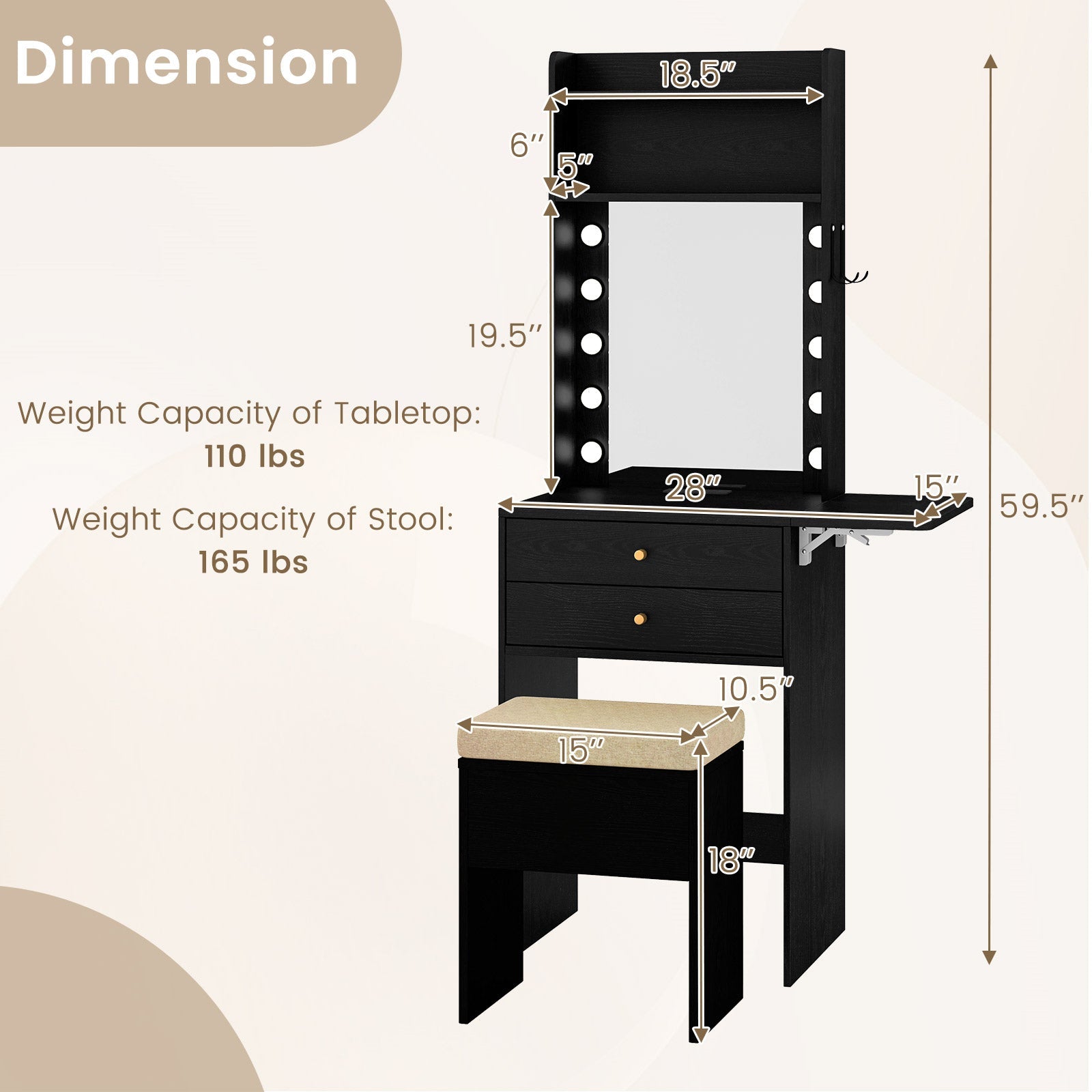 Compact Vanity Desk Set with 3-Color Lighted Mirror and Power Outlets