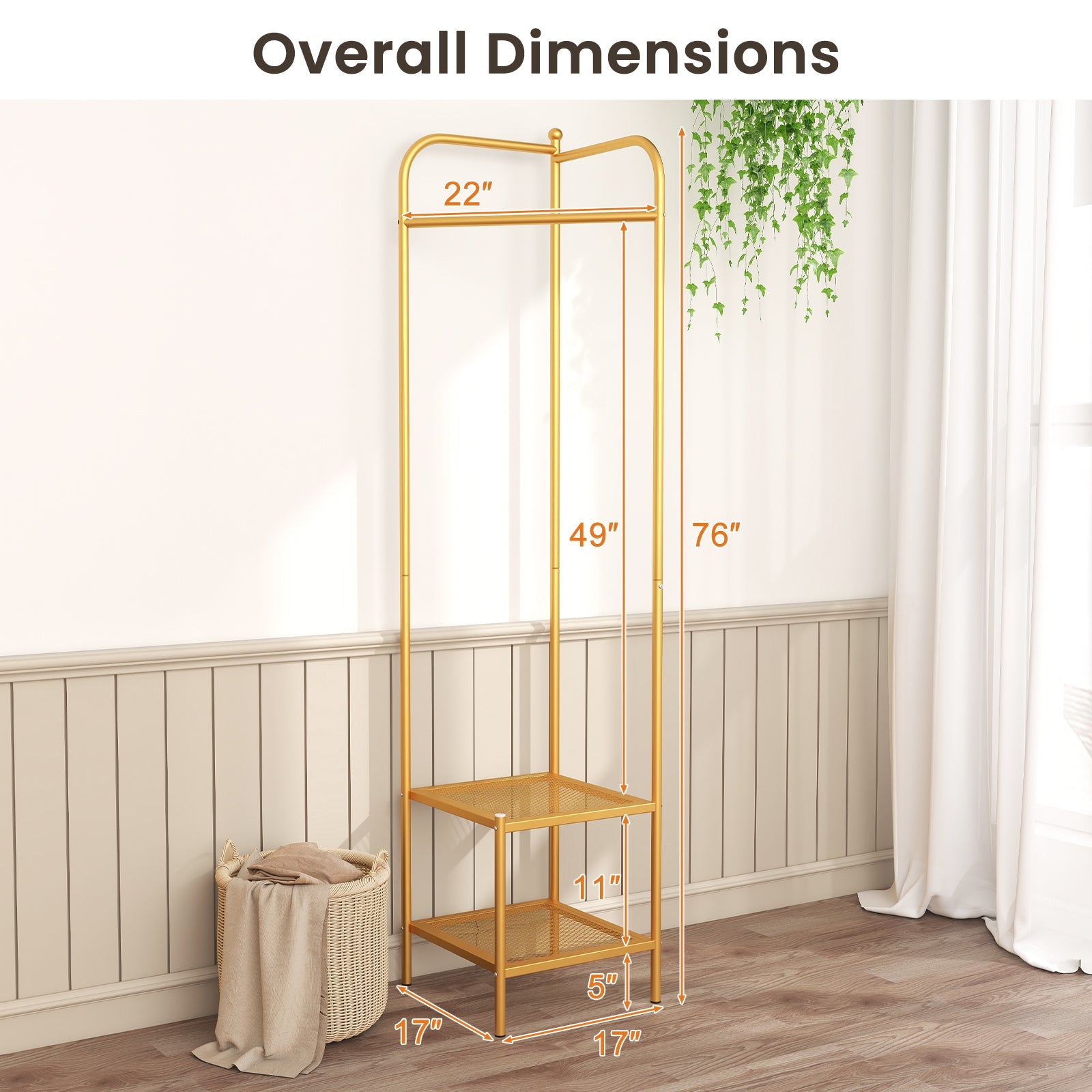 Corner Coat Rack with Top Hanger and 2 Mesh Shelves for Entryway Hallway Living Room Bedroom