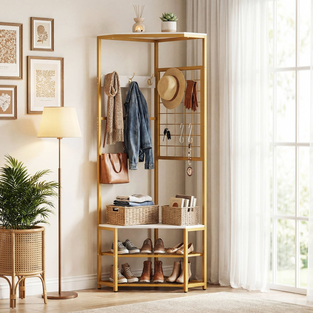 Corner Hall Tree Freestanding Coat Rack with Storage Shelves Removable Hooks