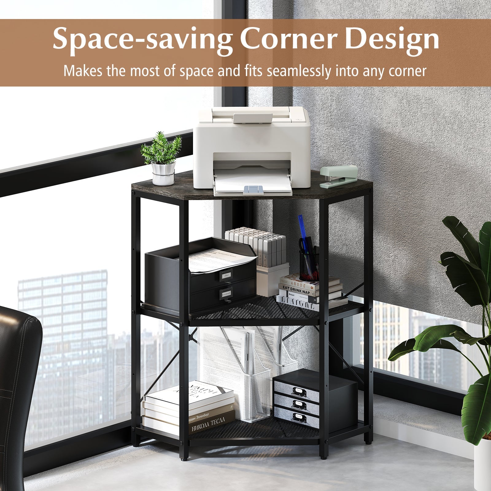 Corner Printer Stand with Power Outlet 3-Tier Storage Rack with Adjustable Shelf