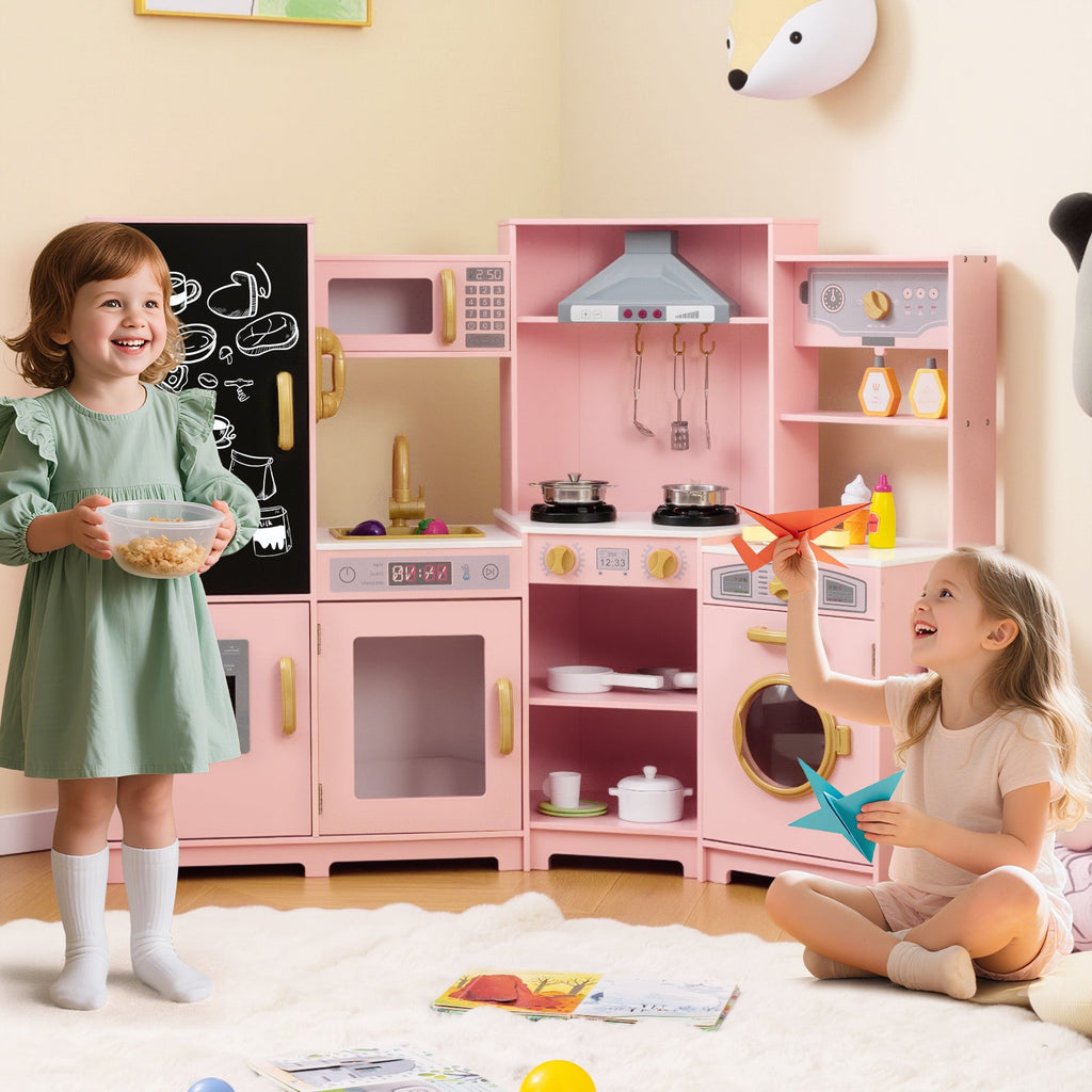 Corner Wooden Play Kitchen with Lights and Sounds Large Pretend Play Kitchen Set