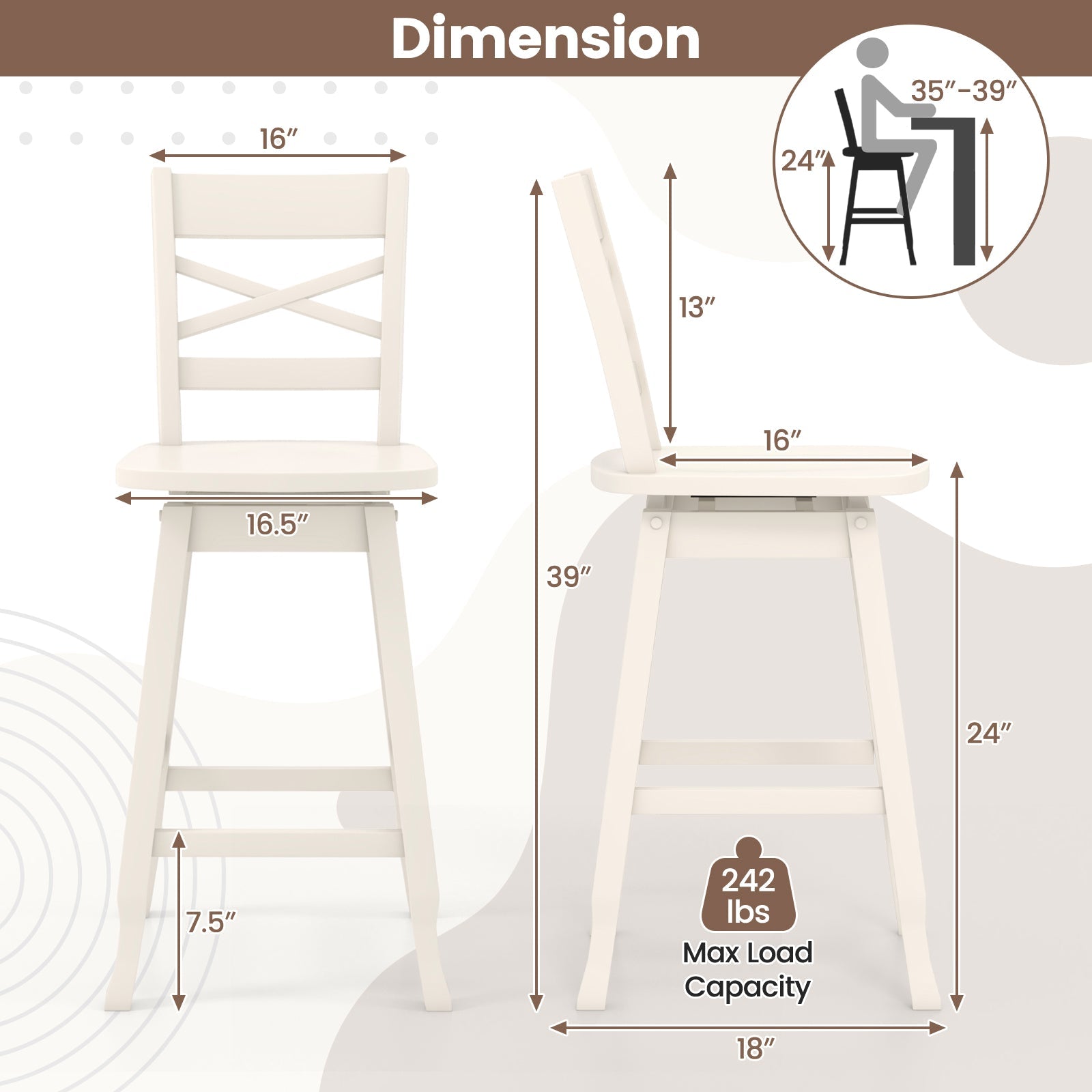 Swivel 24-Inch Counter Height Stool Set of 2 with Inclined Backrest