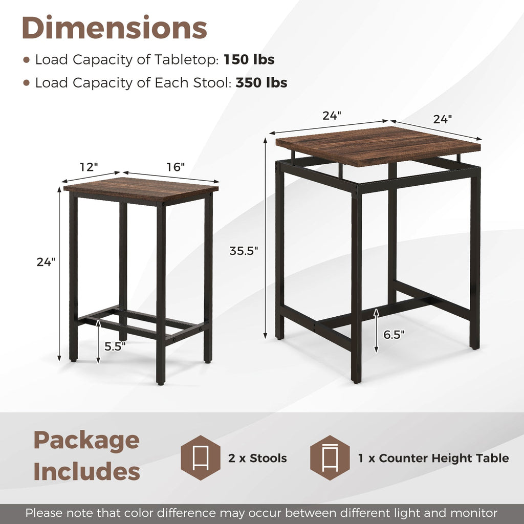 3 Pieces Pub Dining Table Set with Floating Tabletop and Footrest-Rustic Brown