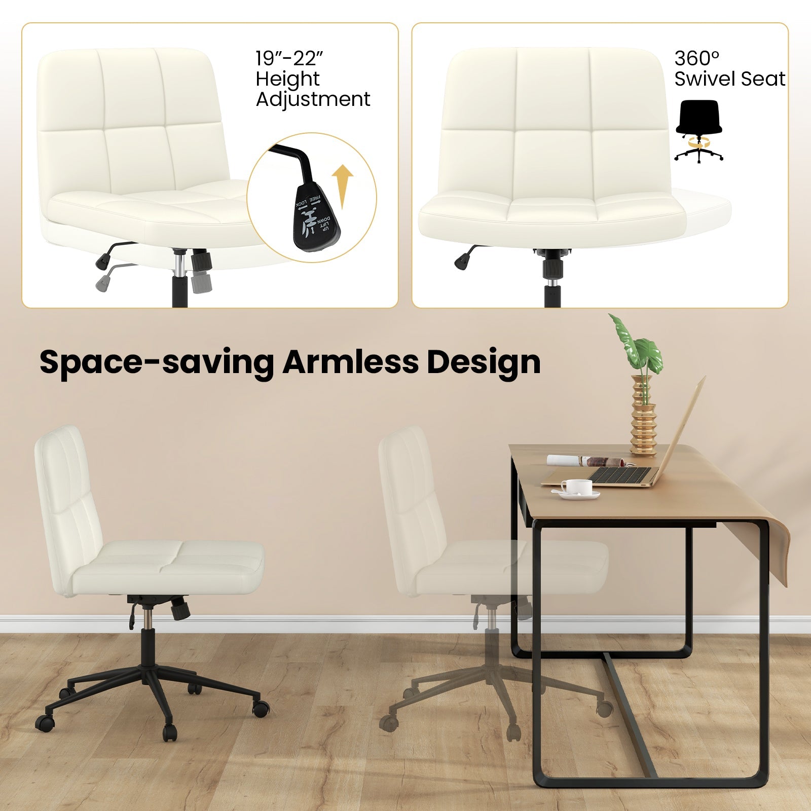 Height-adjustable Armless Desk Chair with Wheels for Home Office Make Up