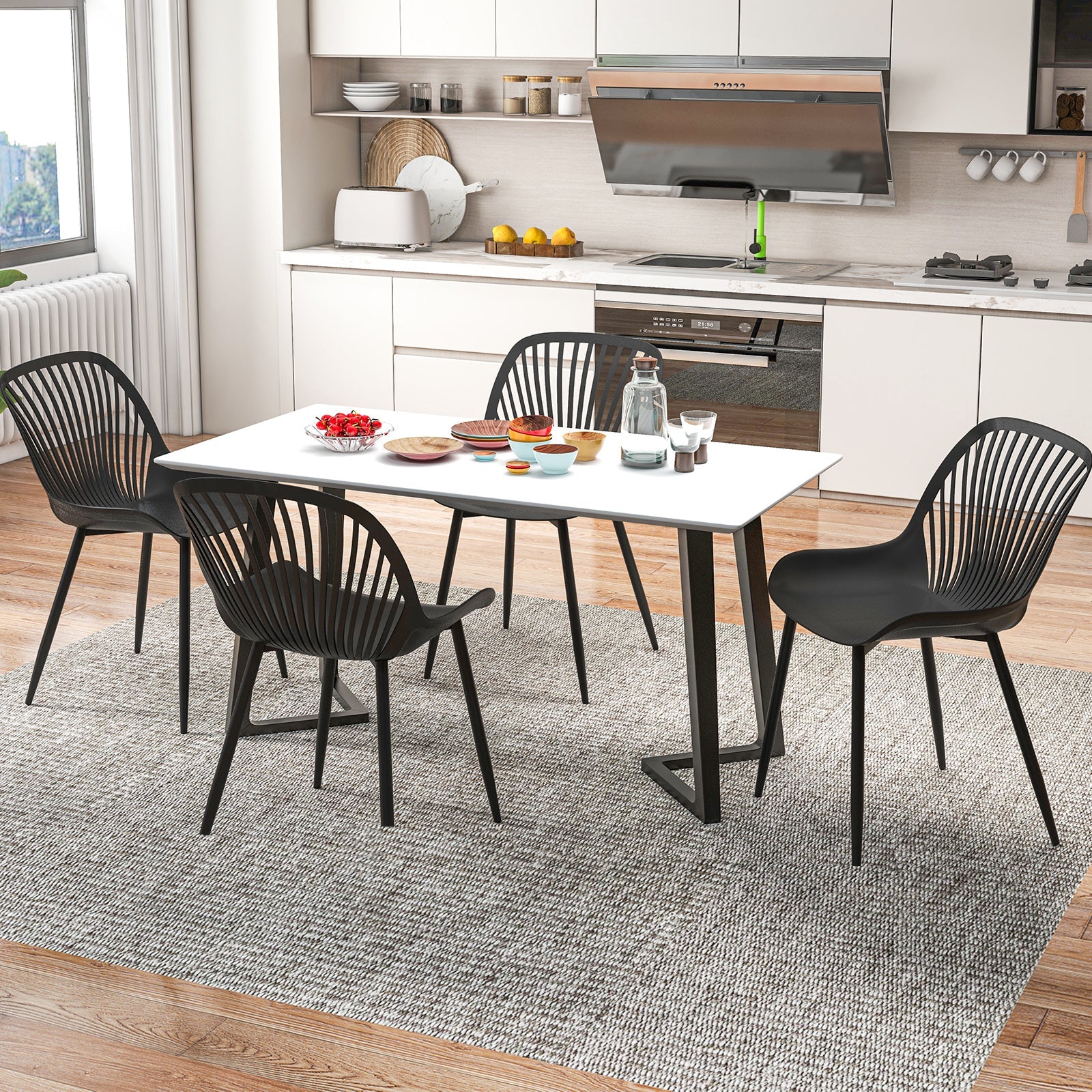 Modern Kitchen Chairs with Metal Legs Cutout Backrest Curved Seat for Dining Room Home Office-Black
