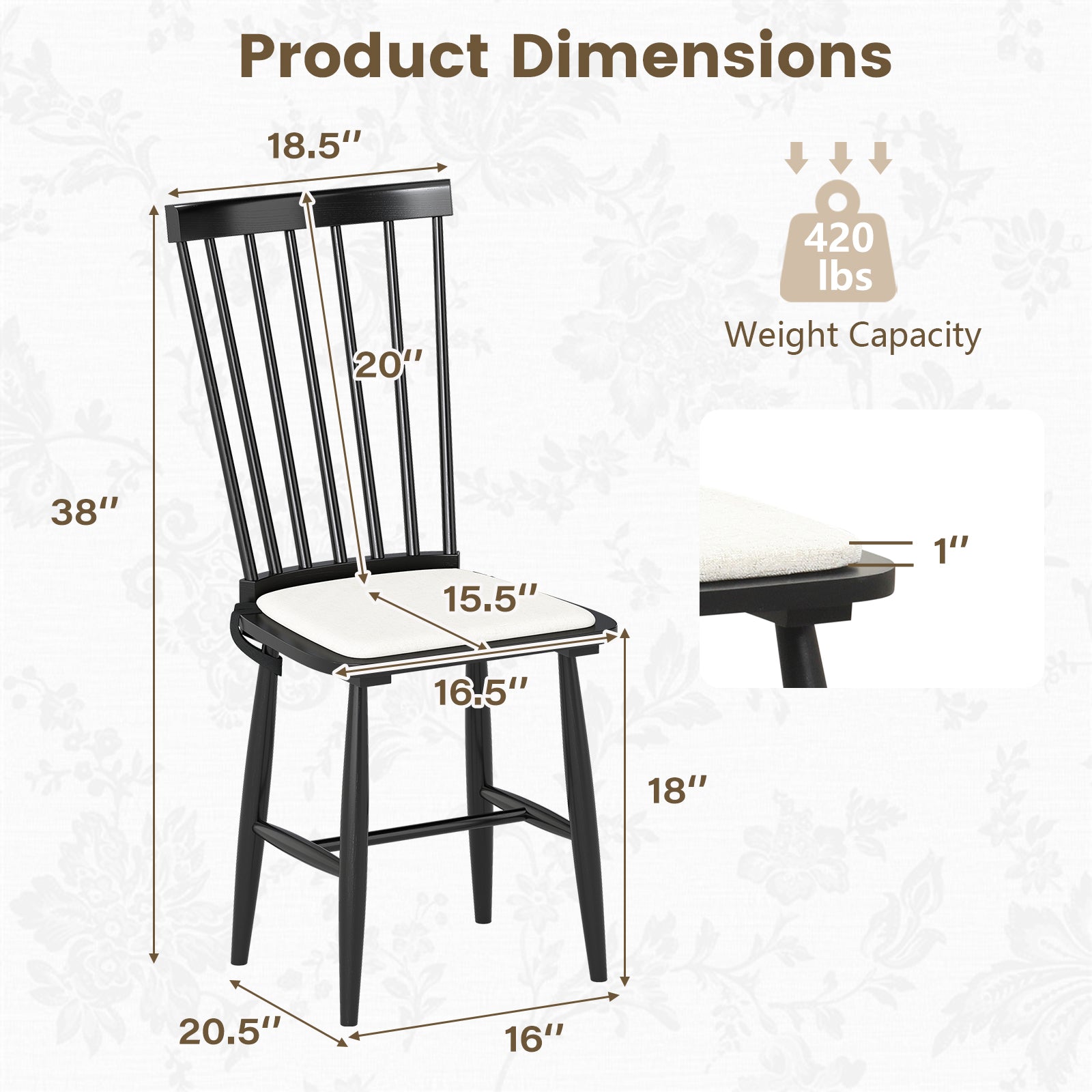 Dining Chairs Set of 2 Farmhouse Solid Rubber Wood Windsor Chairs with Removable Seat Cushions-Black