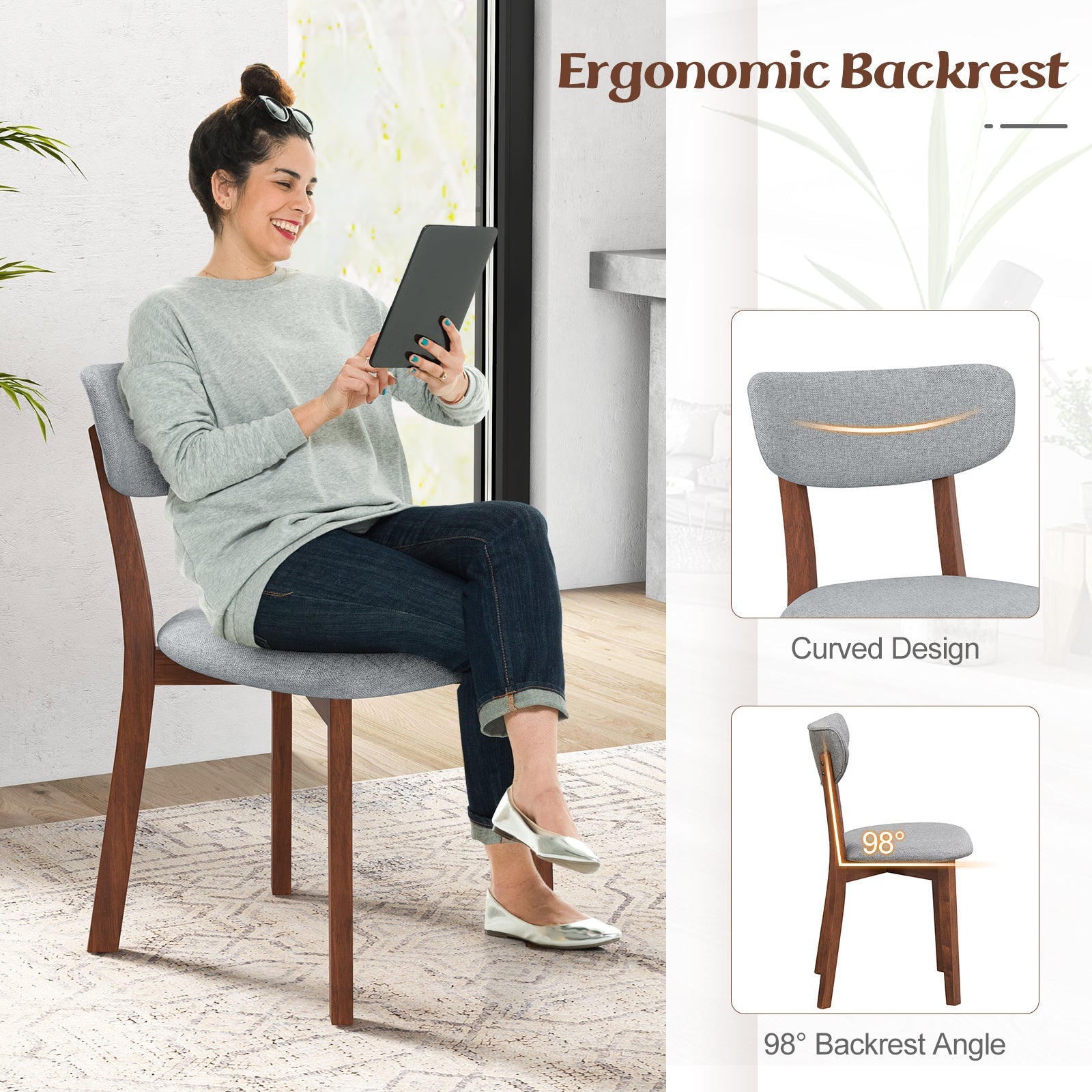 Dining Chairs Set of 2 Upholstered Mid-Back Chairs with Solid Rubber Wood Frame
