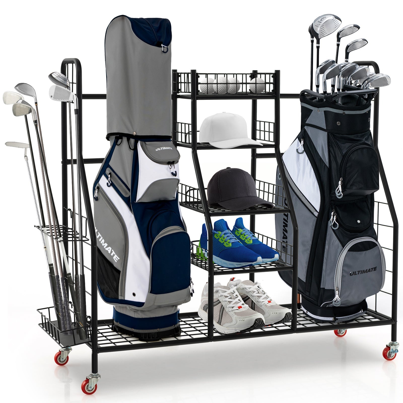 Double Golf Bag Rack with Removable Golf Club Stand and Wheels-Black