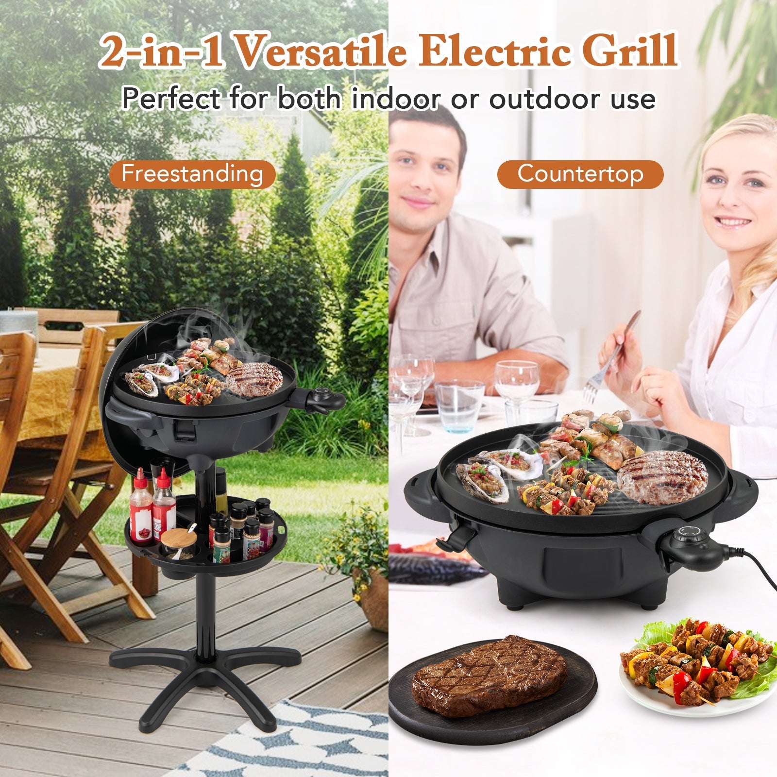 Electric BBQ Grill 1200W Indoor Outdoor Grill with 2-Zone Non-Stick Grilling Plate