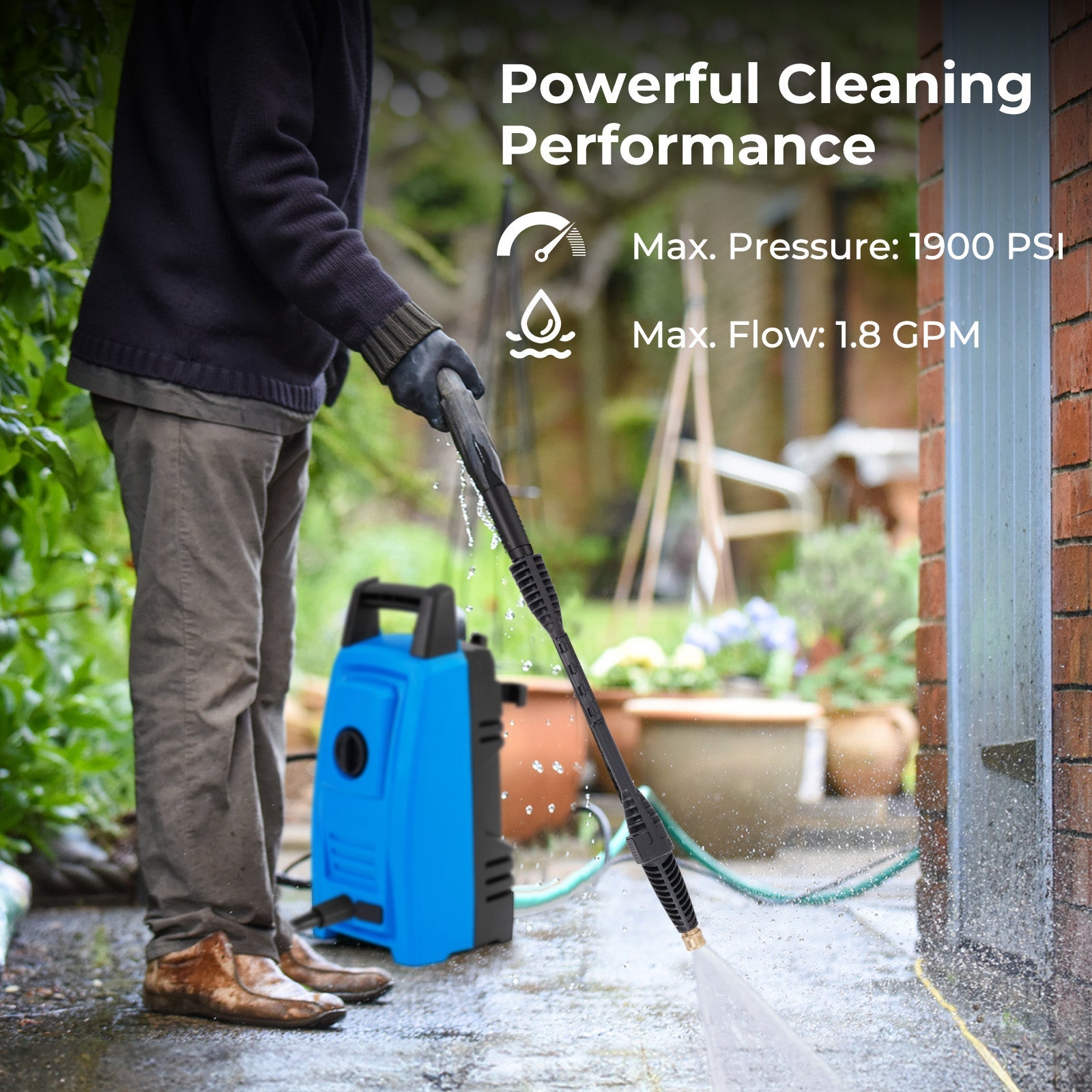 1900 PSI 1.8 GPM Electric Pressure Washer with 4 Quick Connect Nozzles-Blue