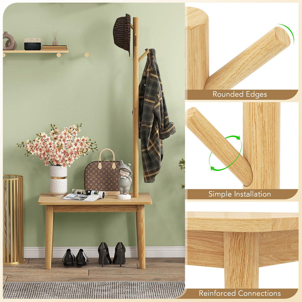 End Table with Coat Rack Solid Wood Coat Tree with 2-in-1 Side Table-Natural