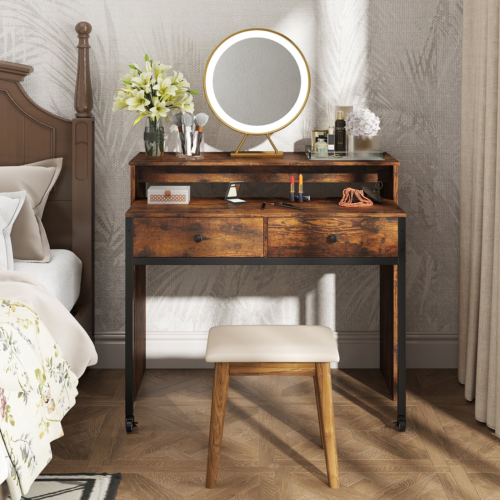 Extendable Computer Desk with 2 Storage Drawers Convertible Home Office Rolling Study Writing Desk