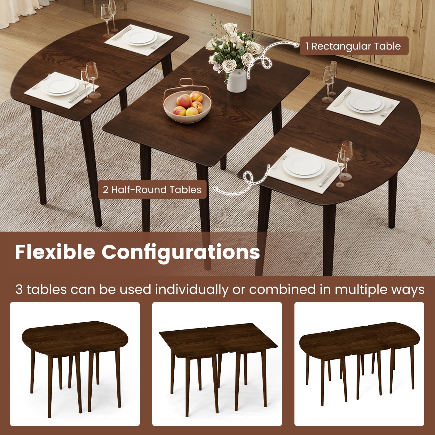 Extendable Oval Dining Table Set with 2 Half-Round Tables for 4-6 People