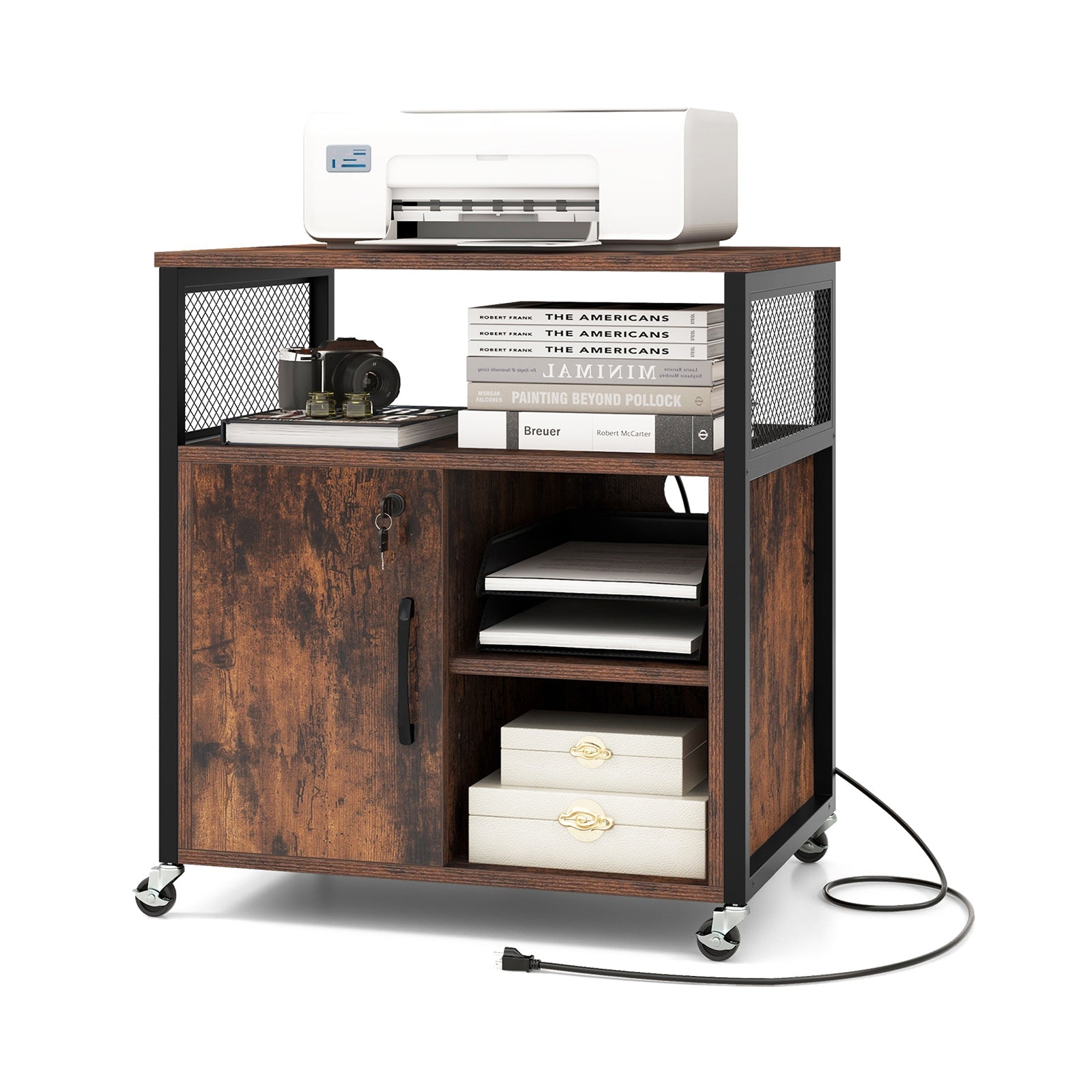 File Cabinet on Wheels with Charging Station and Cable Management Hole